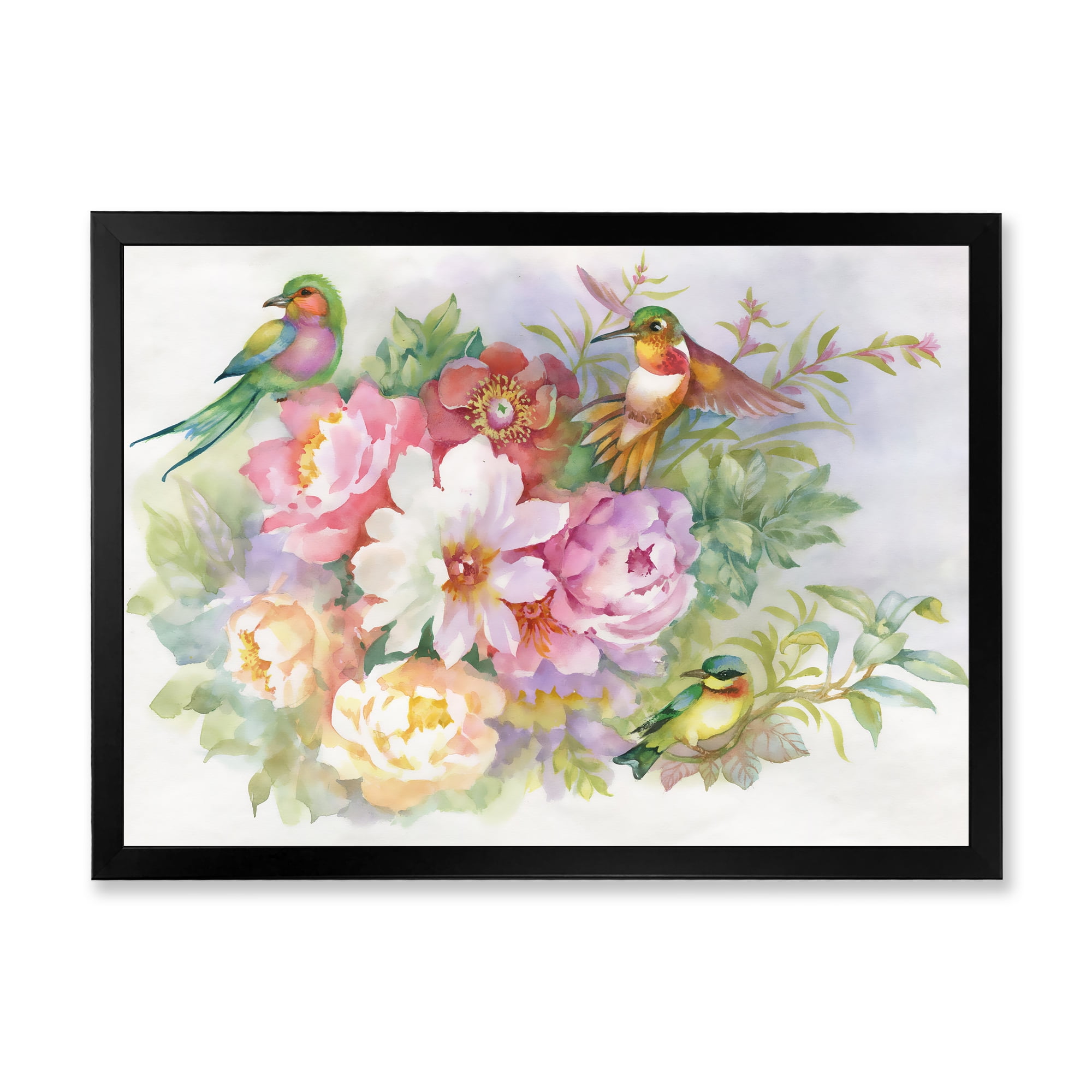 Designart 'Colourful Birds and Vibrant VIntage Flowers' Traditional Framed Art Print