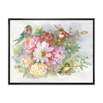 Designart 'Colourful Birds and Vibrant VIntage Flowers' Traditional Framed Canvas Wall Art Print