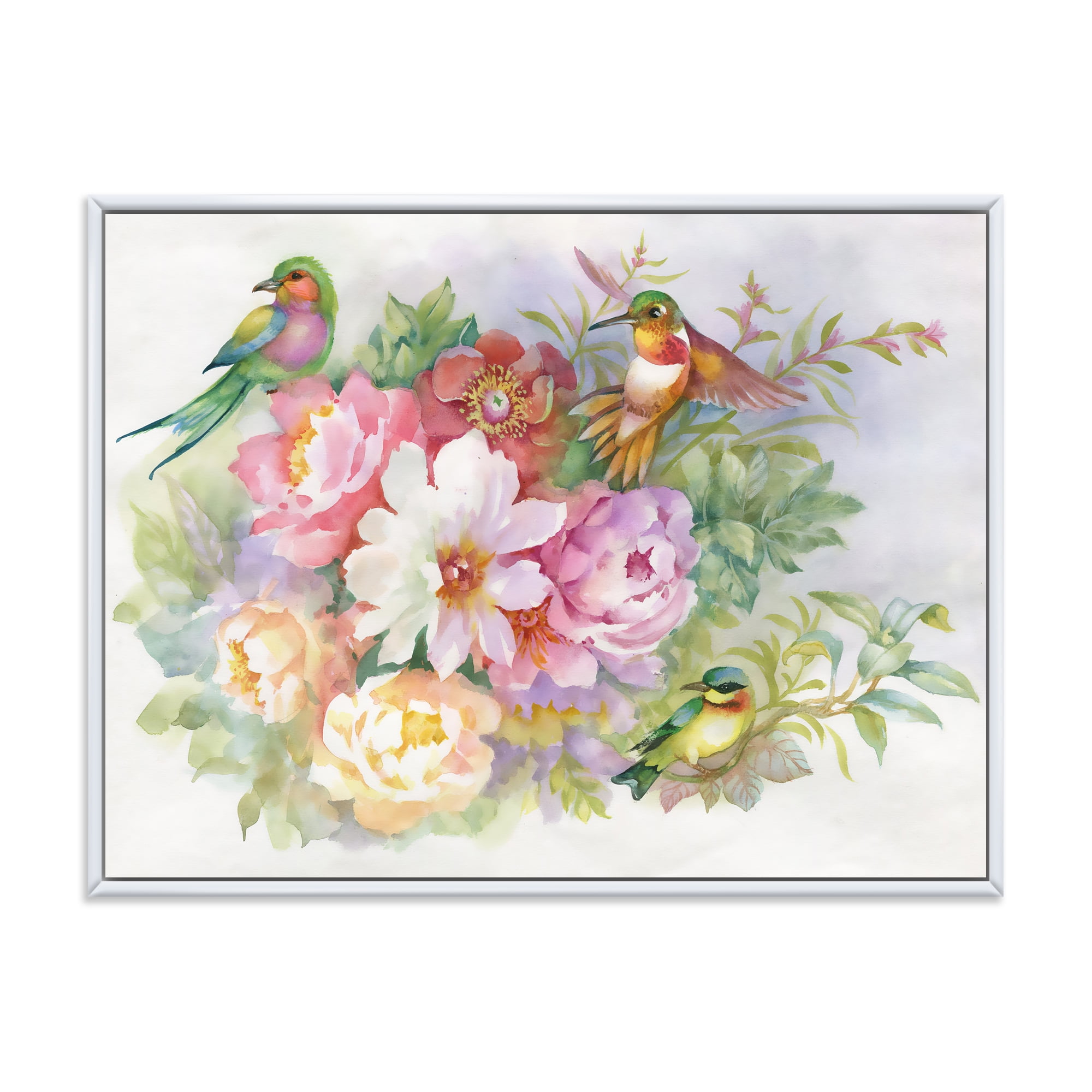 Designart 'Colourful Birds and Vibrant VIntage Flowers' Traditional Framed Canvas Wall Art Print