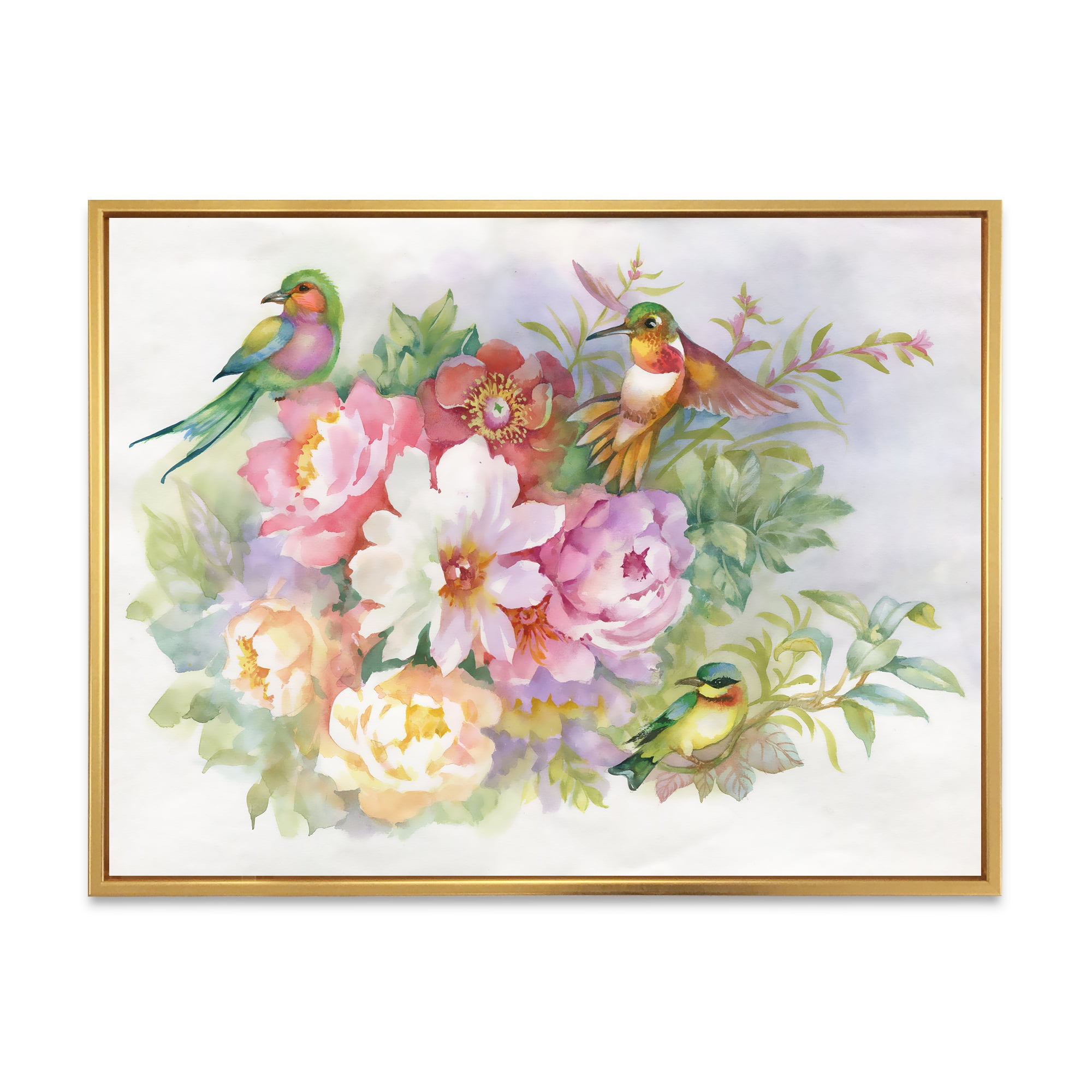 Designart 'Colourful Birds and Vibrant VIntage Flowers' Traditional Framed Canvas Wall Art Print