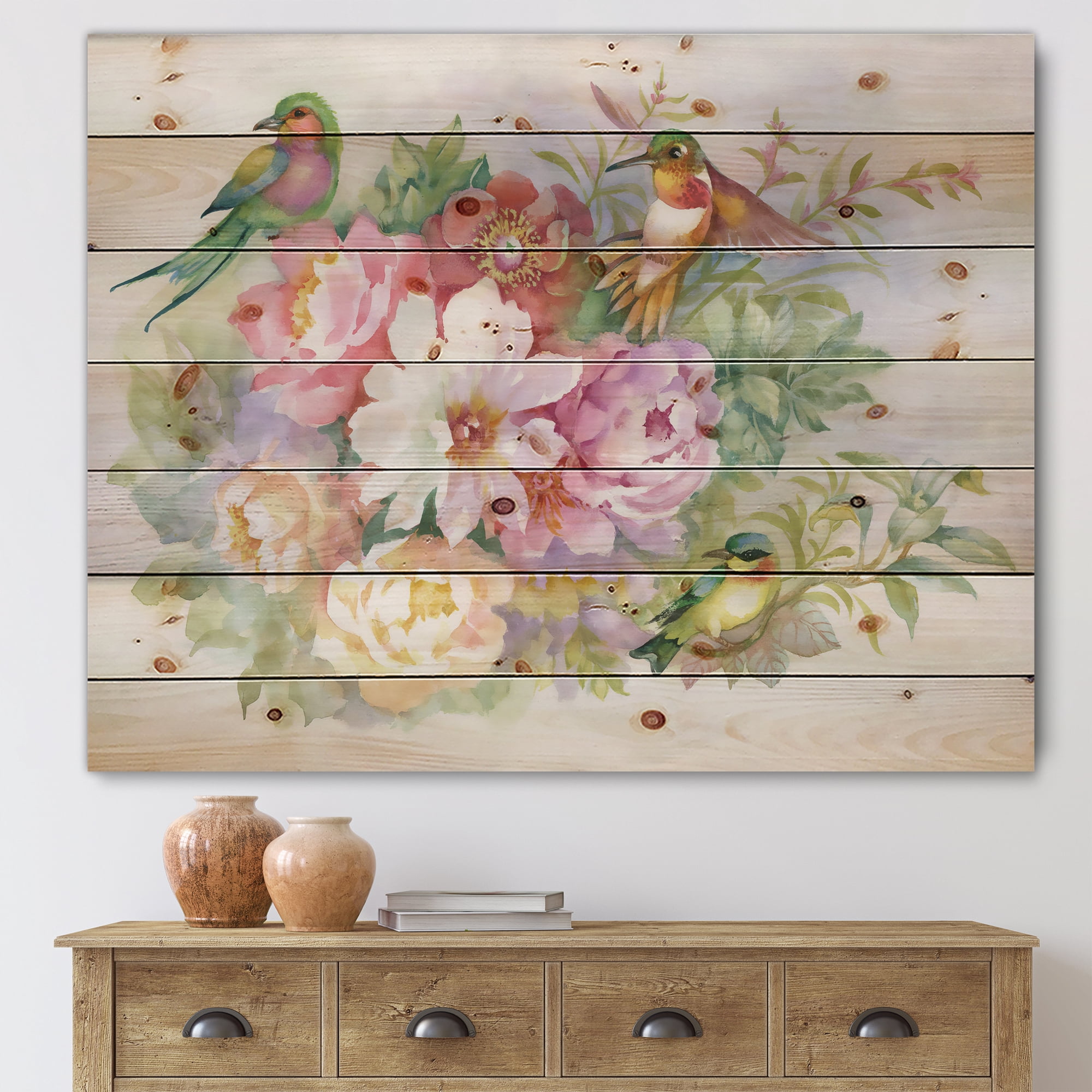 Designart 'Colourful Birds and Vibrant VIntage Flowers' Traditional Print on Natural Pine Wood