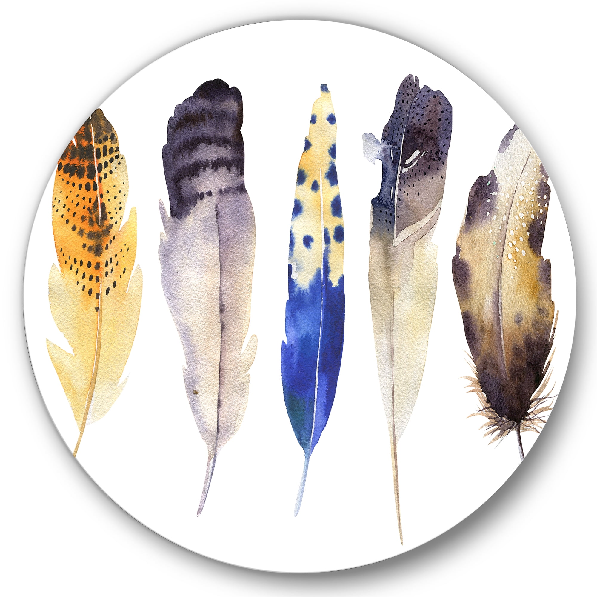 Designart 'Colourful Boho Art Feather Set I' Bohemian & Eclectic Circle Metal Wall Art 23x23 - Disc of 23