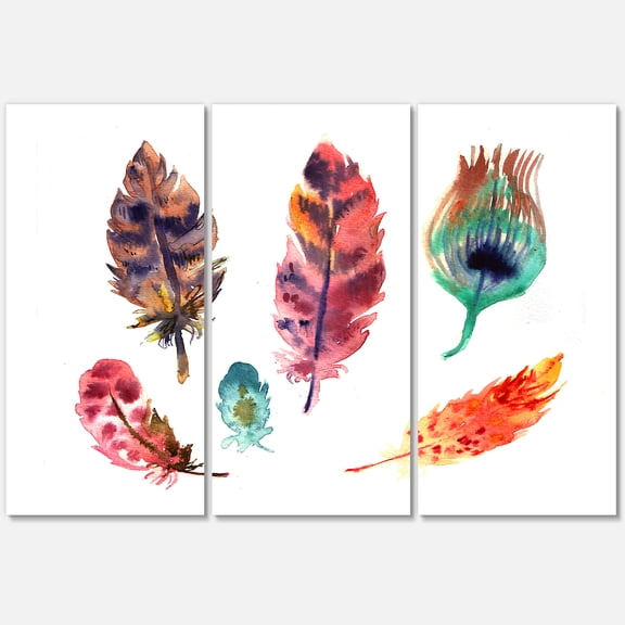 Designart ' Colourful Boho Art Feather Set II ' Bohemian & Eclectic Canvas Wall Art Print