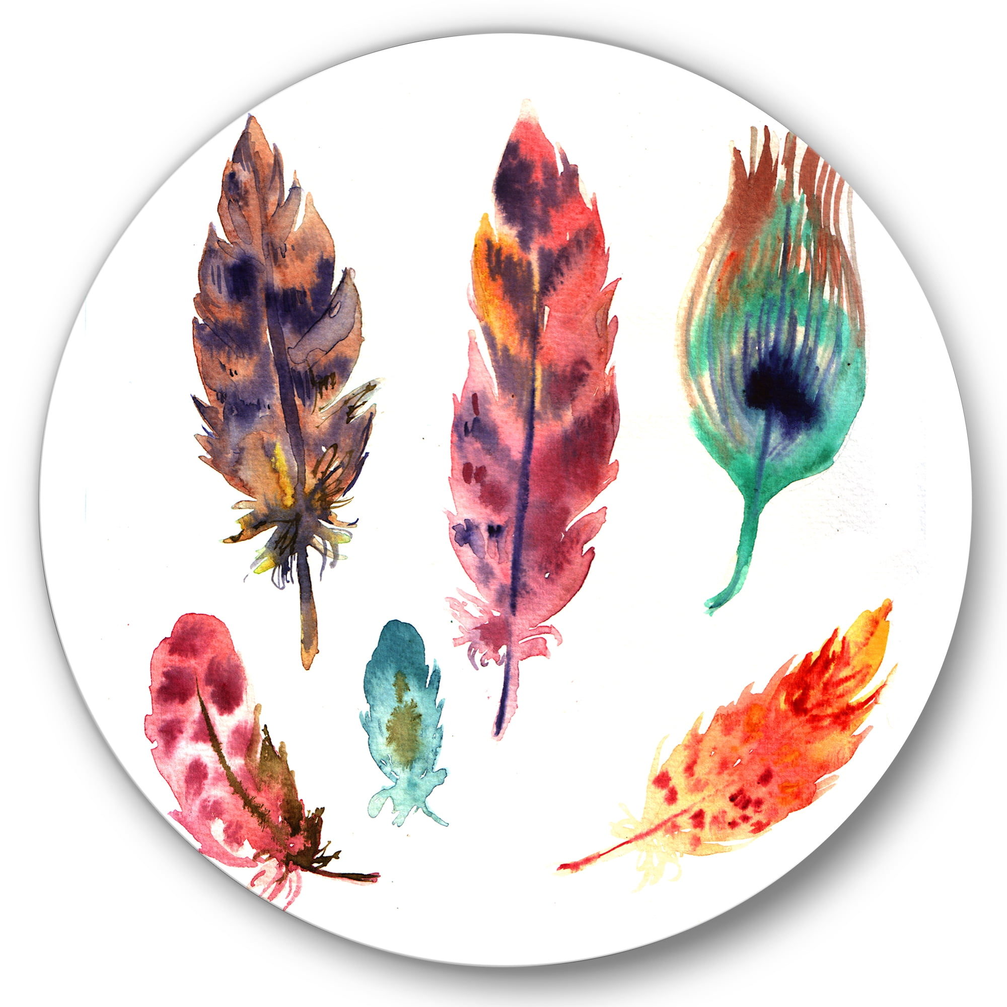 Designart 'Colourful Boho Art Feather Set II' Bohemian & Eclectic Circle Metal Wall Art 36x36 - Disc of 36