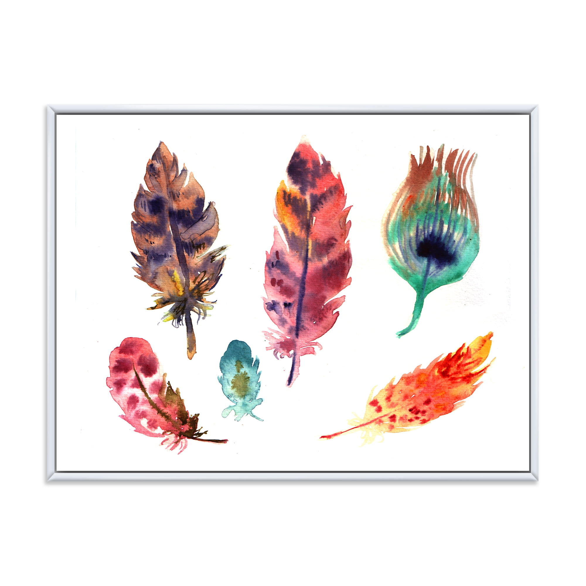 Designart 'Colourful Boho Art Feather Set II' Bohemian & Eclectic Framed Canvas Wall Art Print