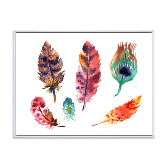 Designart 'Colourful Boho Art Feather Set II' Bohemian & Eclectic Framed Canvas Wall Art Print