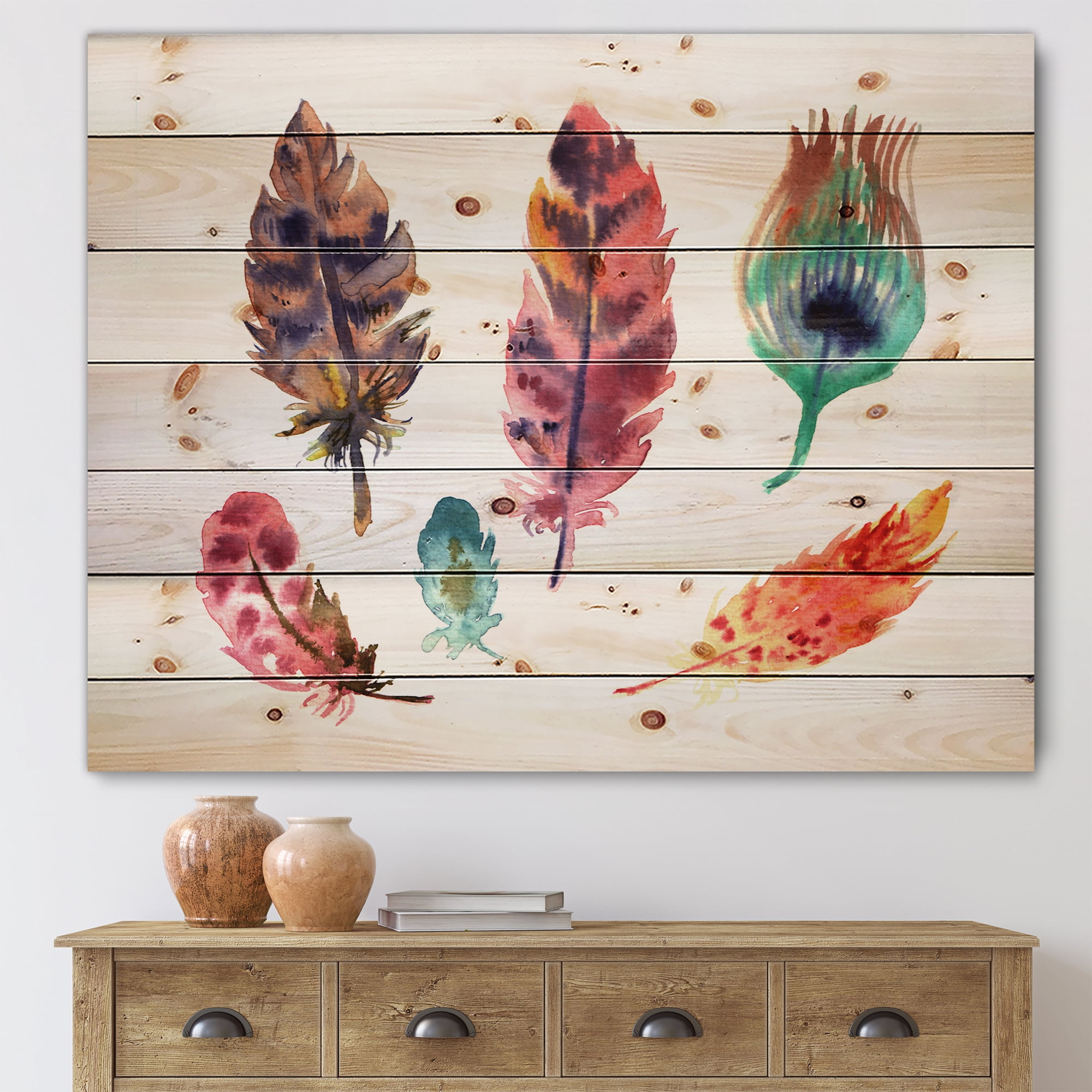 Designart 'Colourful Boho Art Feather Set II' Bohemian & Eclectic Print on Natural Pine Wood