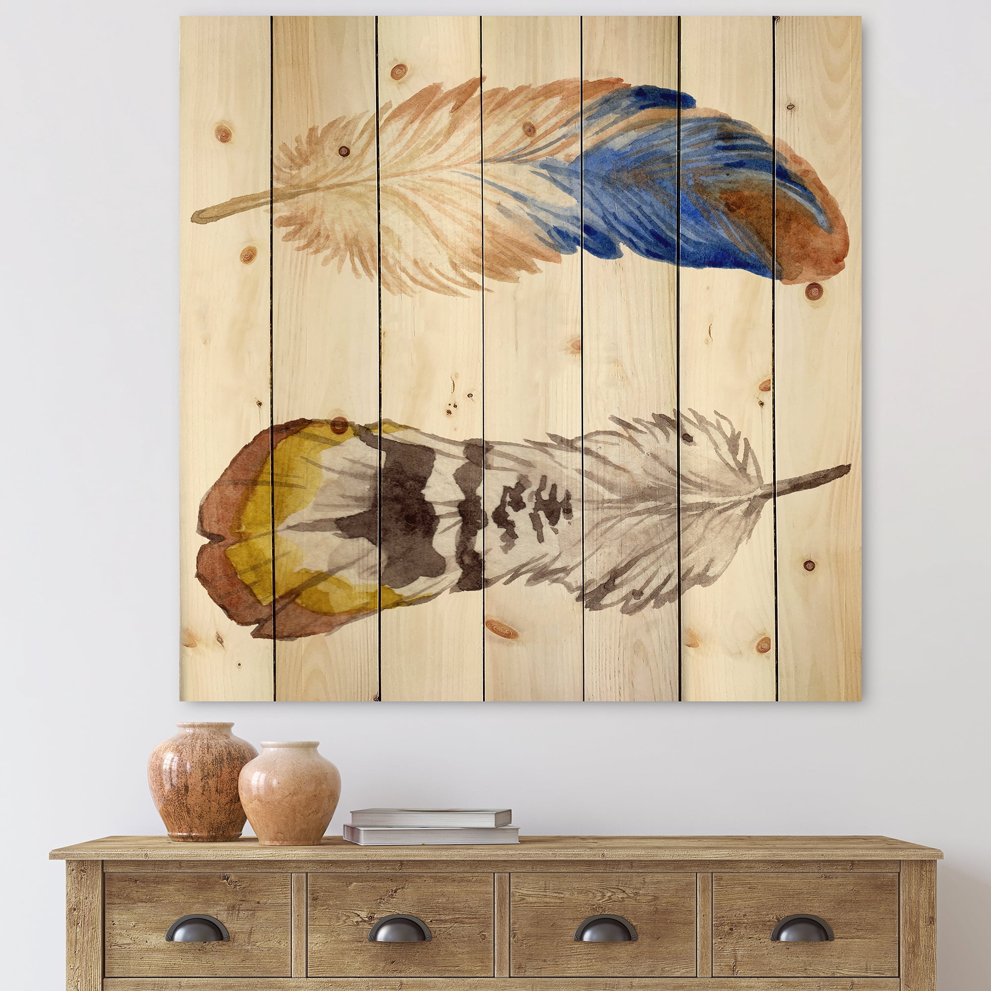 Designart 'Colourful Boho Art Feather Set III' Bohemian & Eclectic Print on Natural Pine Wood