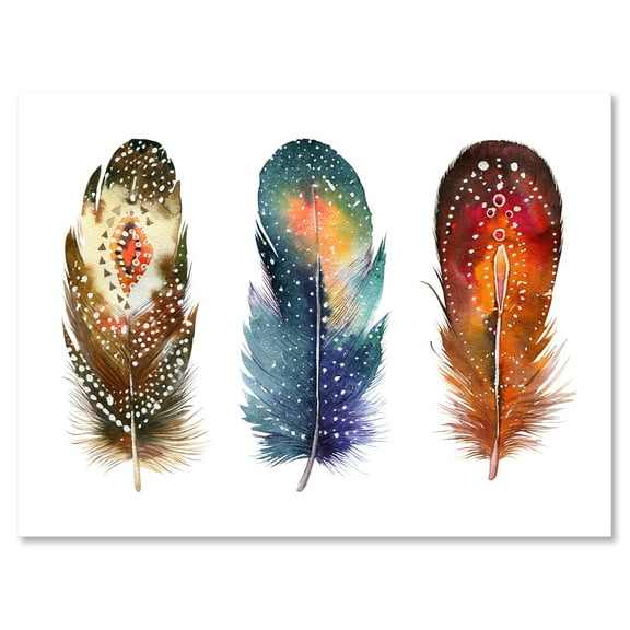 Designart ' Colourful Boho Art Feather Set IX ' Bohemian & Eclectic Canvas Wall Art Print