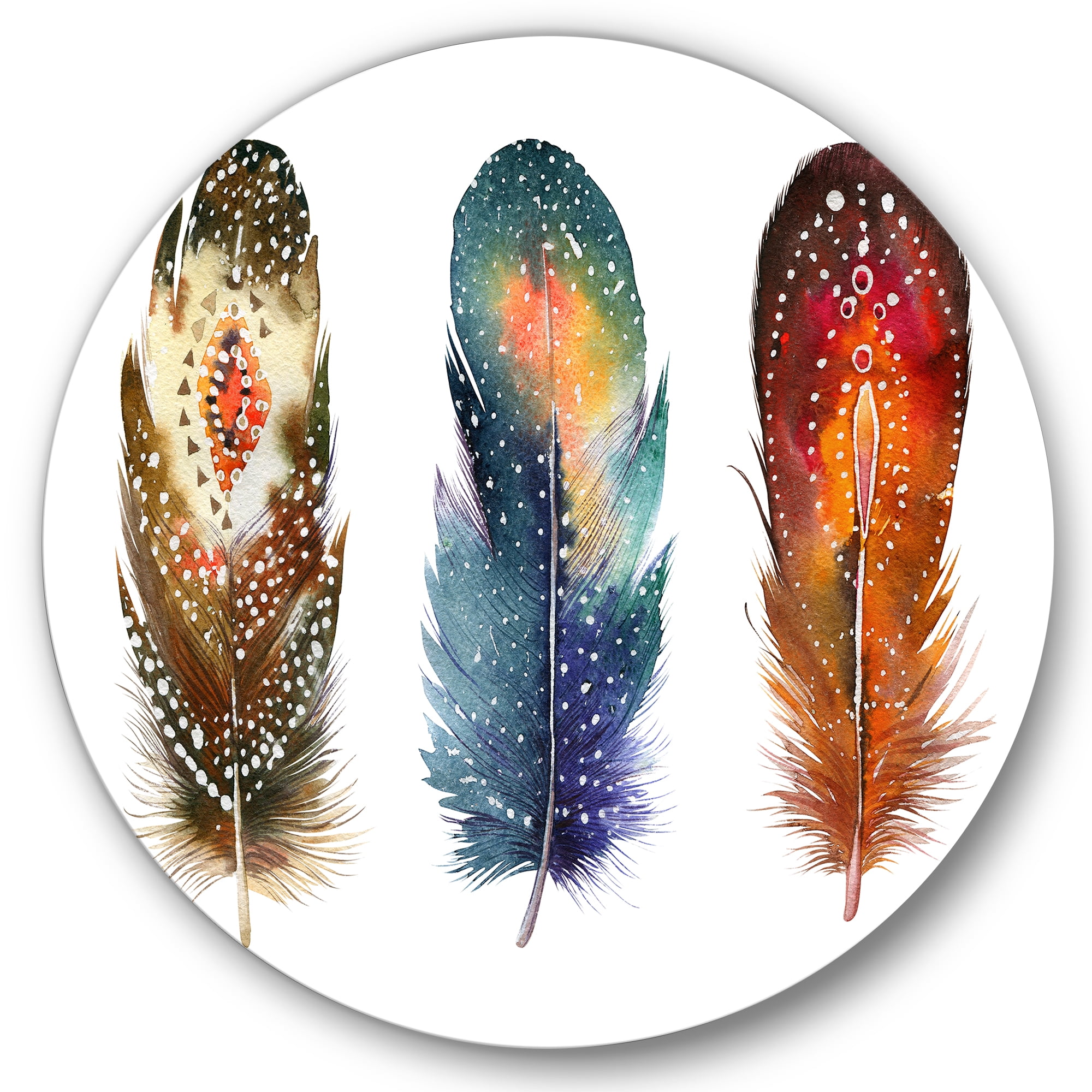 Designart 'Colourful Boho Art Feather Set IX' Bohemian & Eclectic Circle Metal Wall Art 29x29 - Disc of 29