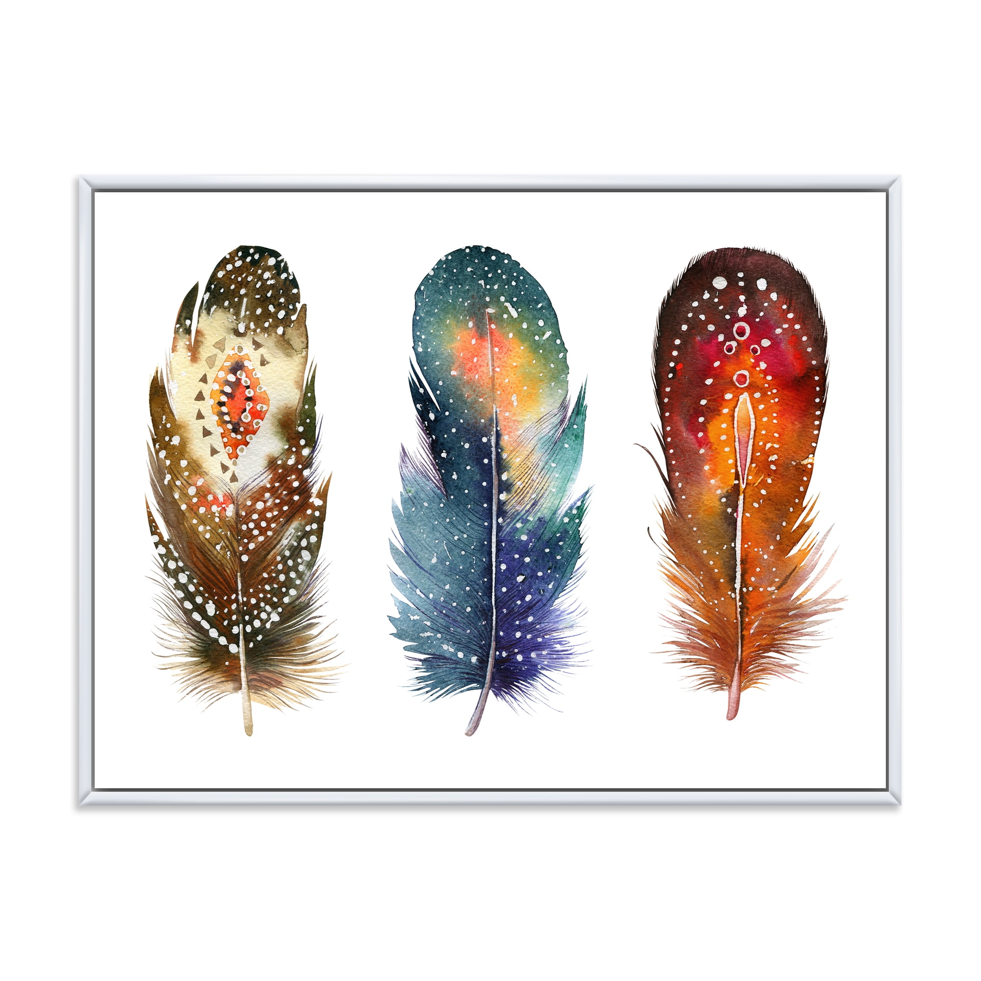 Designart 'Colourful Boho Art Feather Set IX' Bohemian & Eclectic Framed Canvas Wall Art Print