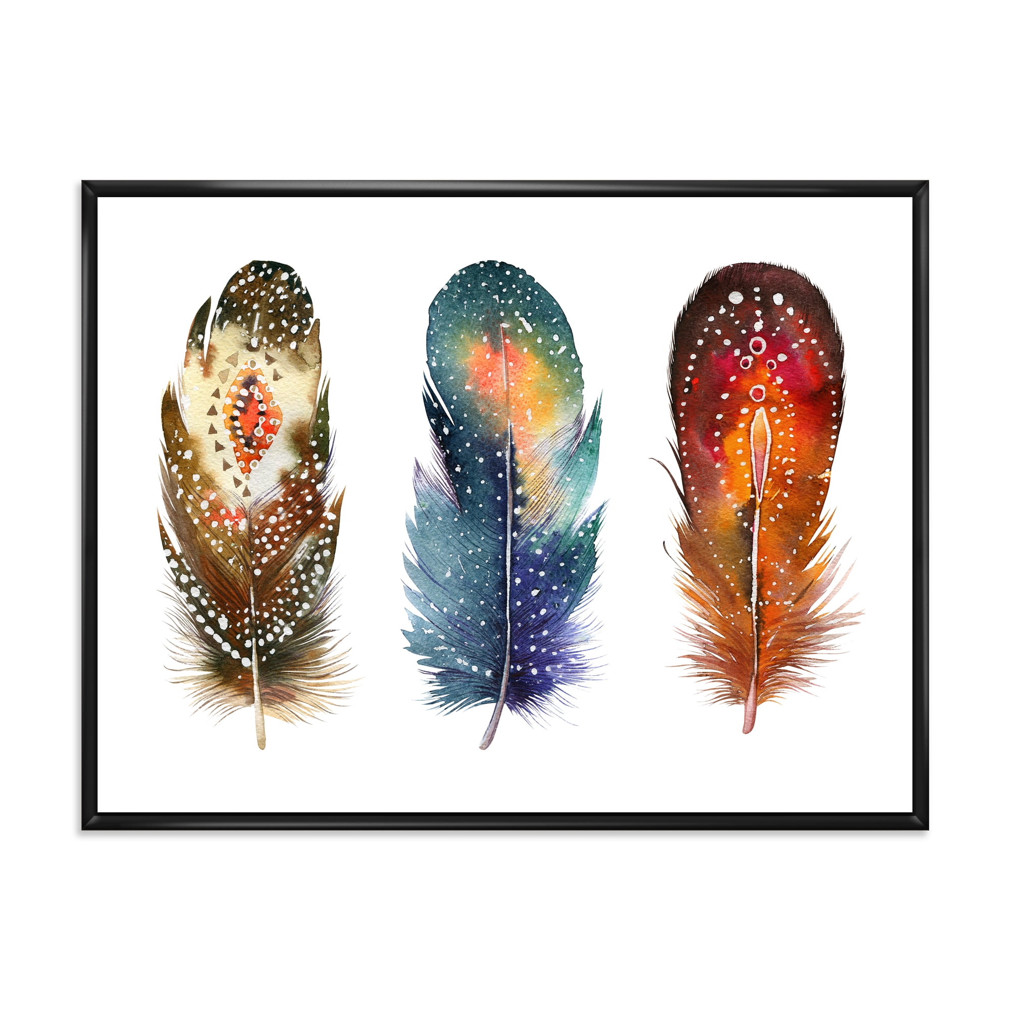 Designart 'Colourful Boho Art Feather Set IX' Bohemian & Eclectic Framed Canvas Wall Art Print