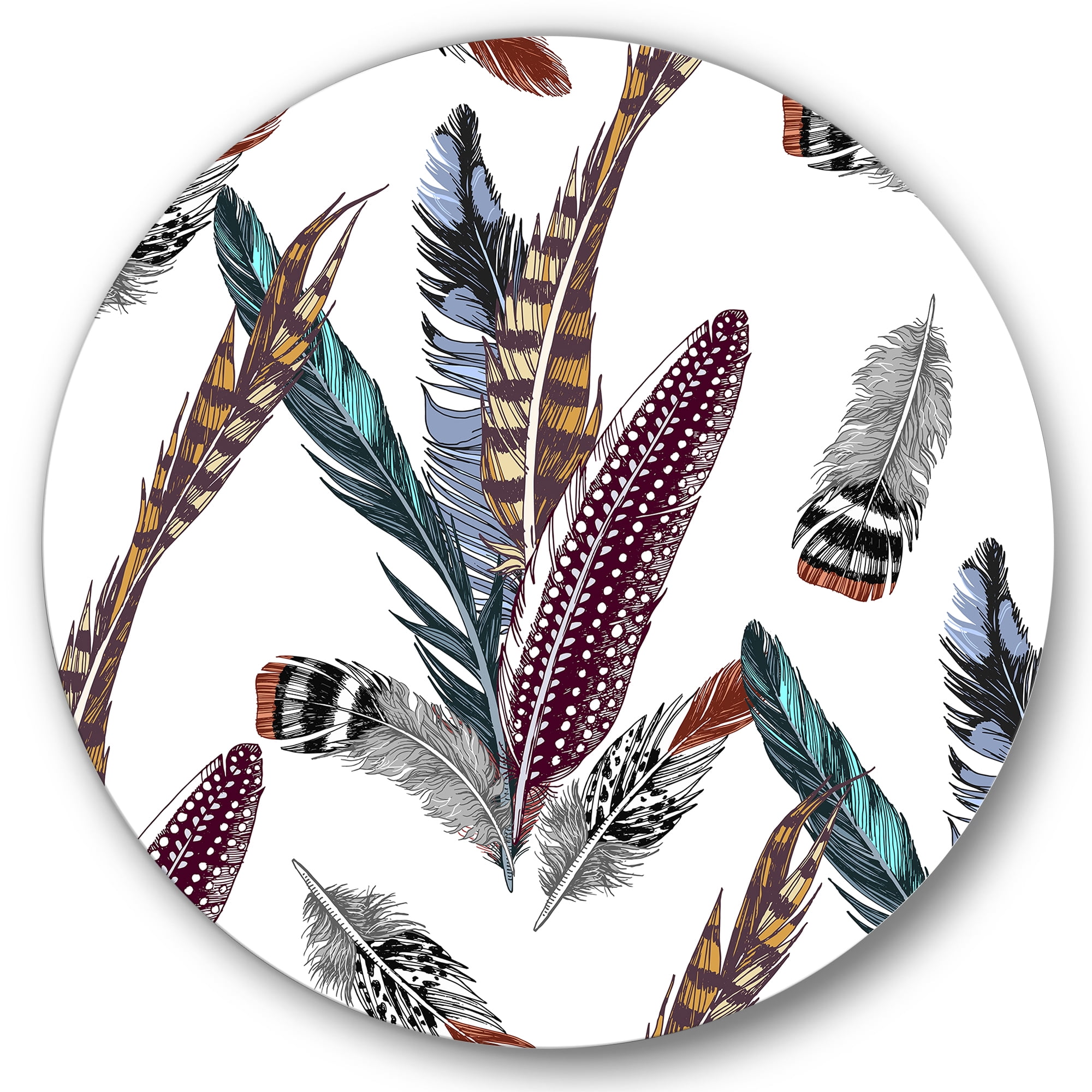 Designart 'Colourful Boho Art Feather Set V' Bohemian & Eclectic Circle Metal Wall Art 36x36 - Disc of 36