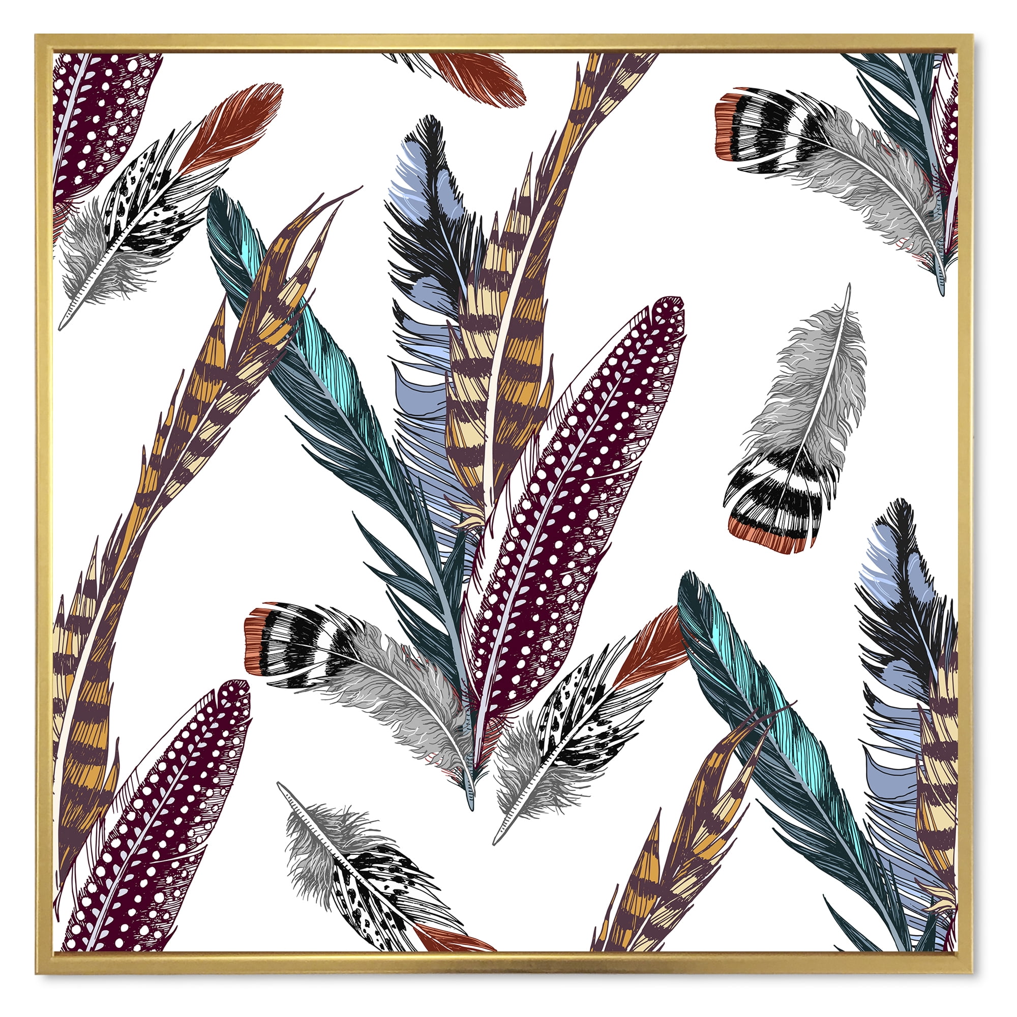 Designart 'Colourful Boho Art Feather Set V' Bohemian & Eclectic Framed Canvas Wall Art Print