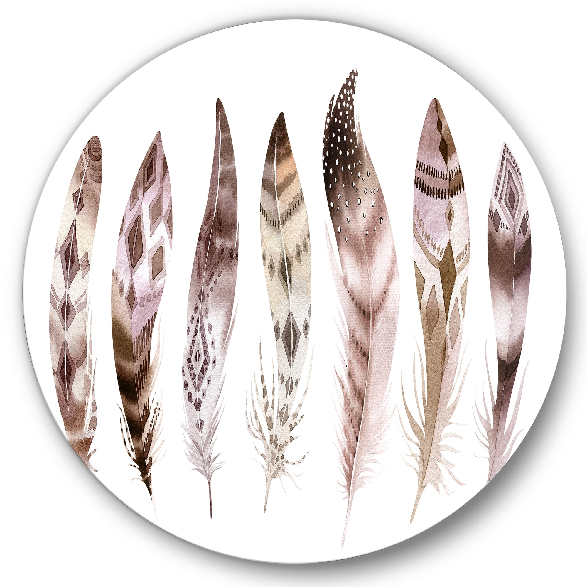 Designart 'Colourful Boho Art Feather Set X' Bohemian & Eclectic Circle Metal Wall Art 36x36 - Disc of 36