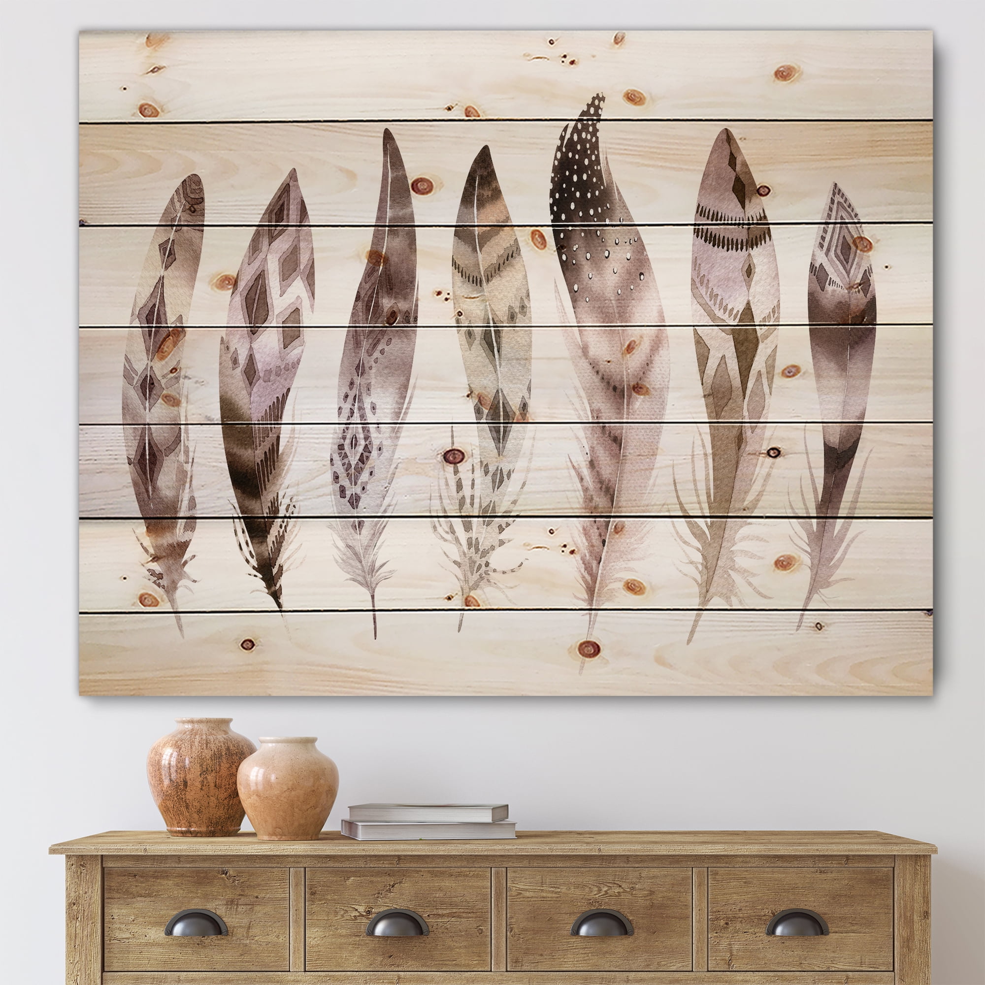 Designart 'Colourful Boho Art Feather Set X' Bohemian & Eclectic Print on Natural Pine Wood