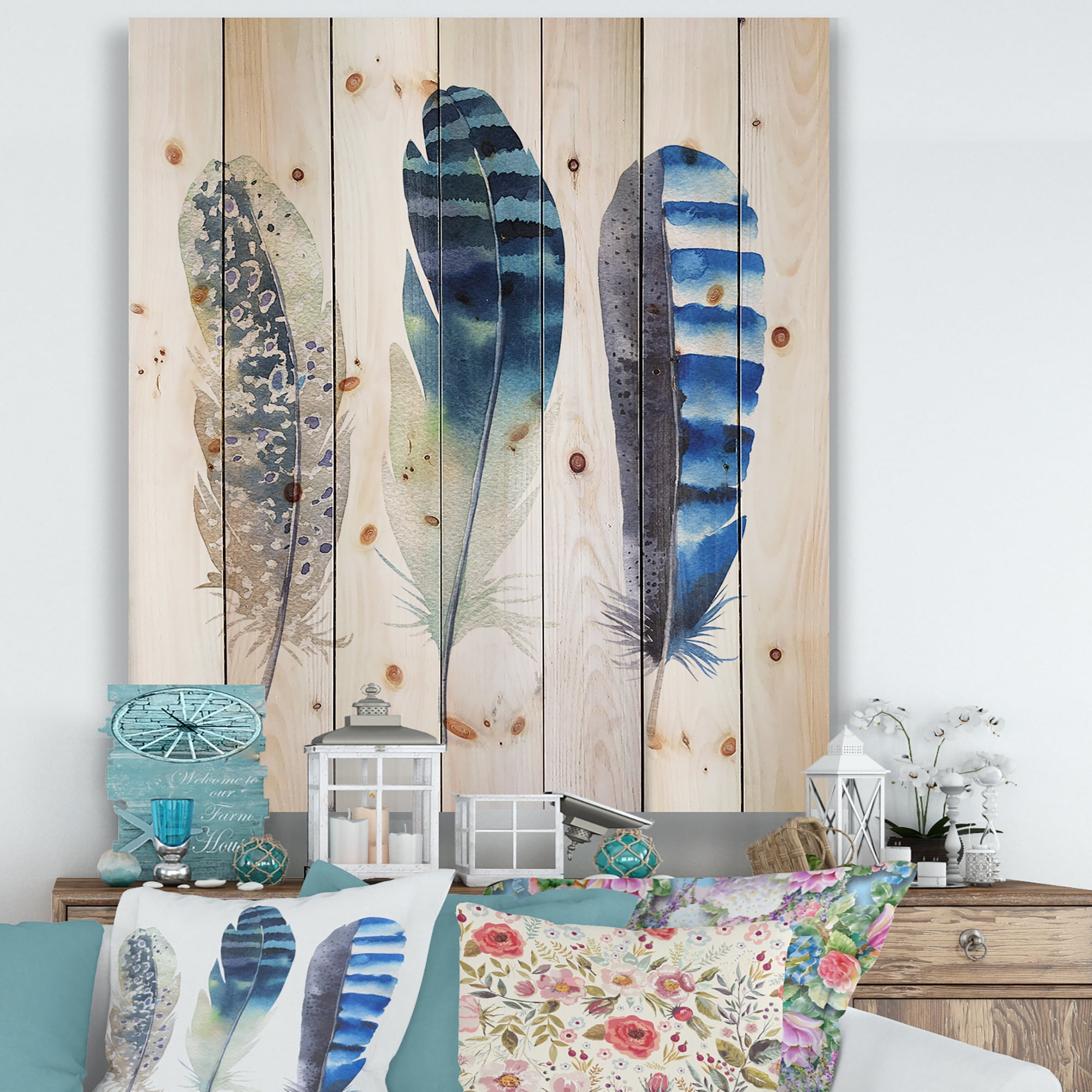 Designart 'Colourful Boho Art Feathers I' Bohemian & Eclectic Print on Natural Pine Wood
