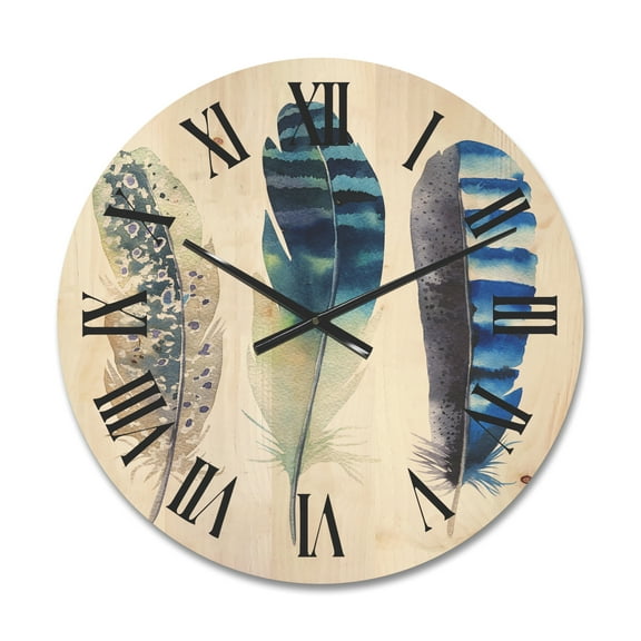 Designart 'Colourful Boho Art Feathers I' Bohemian & Eclectic Wood Wall Clock