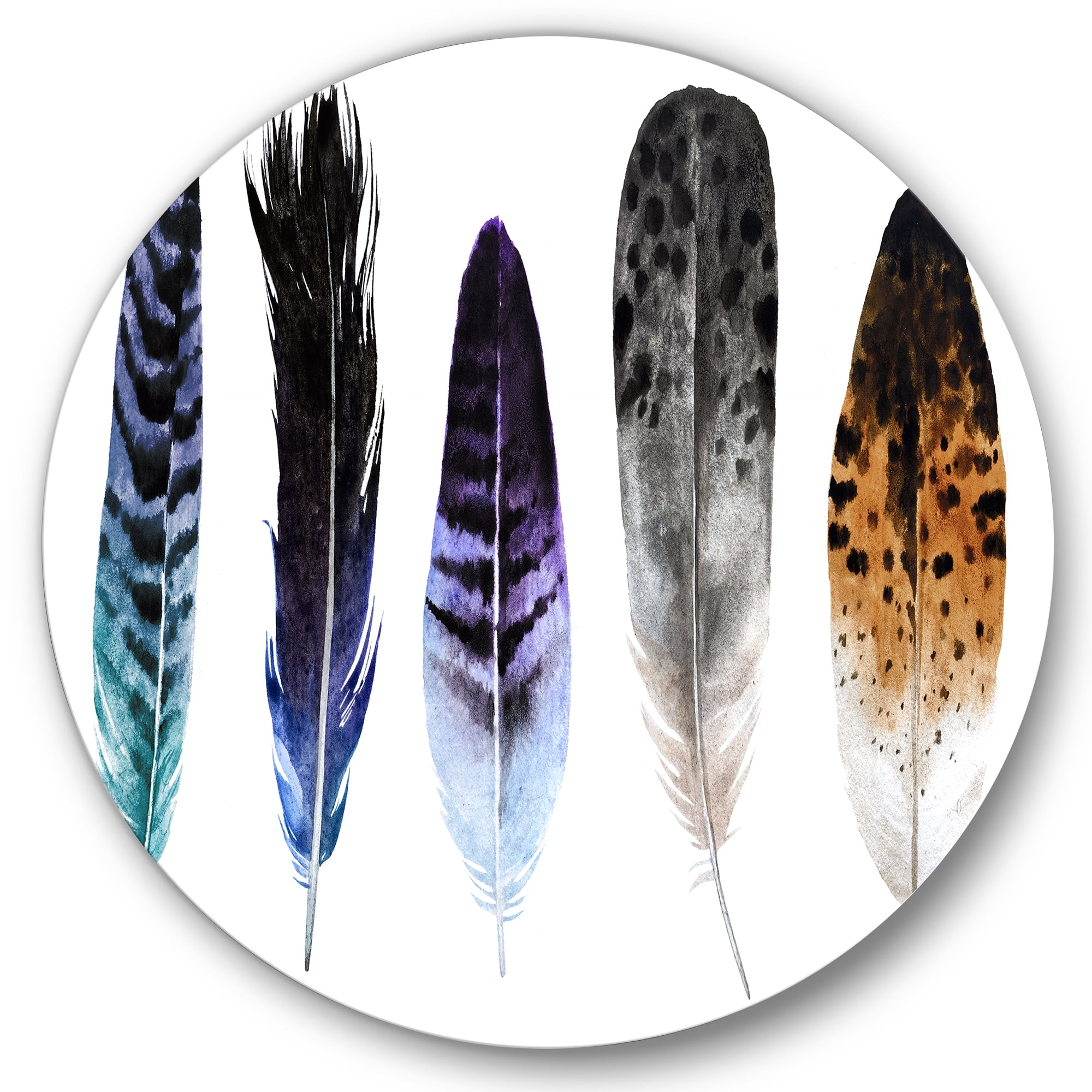 Designart 'Colourful Boho Art Feathers II' Bohemian & Eclectic Circle Metal Wall Art 29x29 - Disc of 29