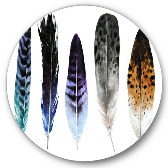 Designart 'Colourful Boho Art Feathers II' Bohemian & Eclectic Circle Metal Wall Art 36x36 - Disc of 36