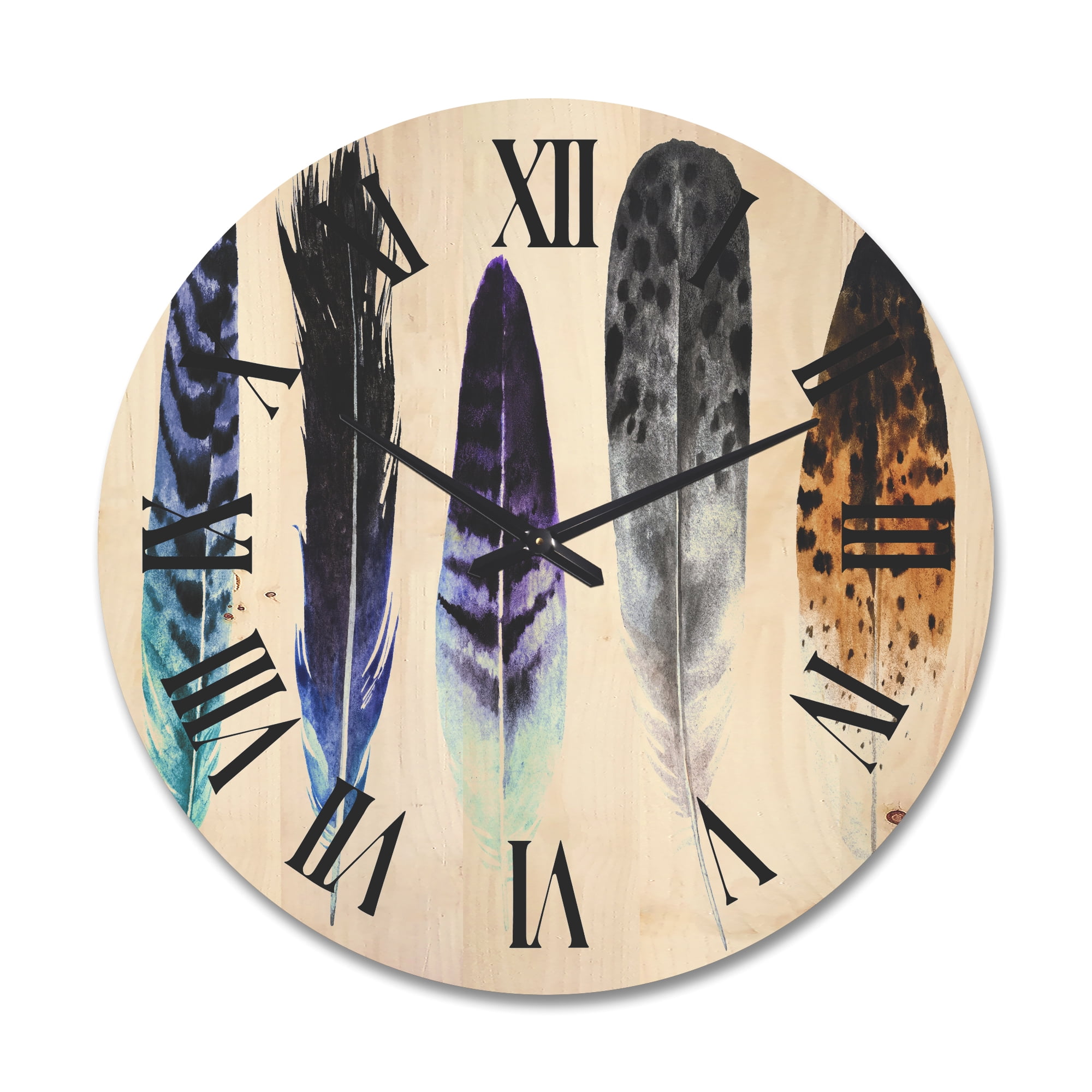 Designart 'Colourful Boho Art Feathers II' Bohemian & Eclectic Wood Wall Clock