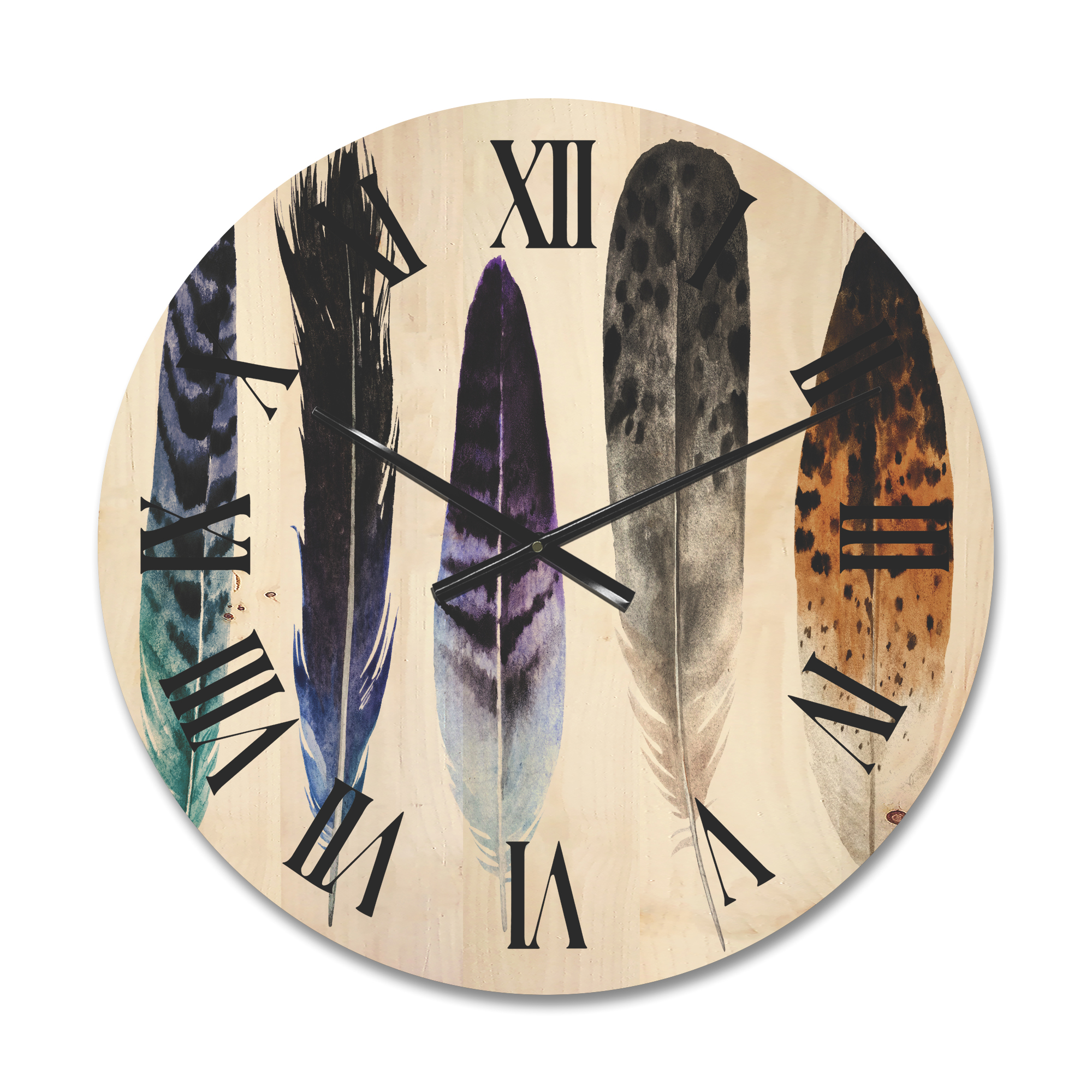 Designart 'Colourful Boho Art Feathers II' Bohemian & Eclectic Wood Wall Clock