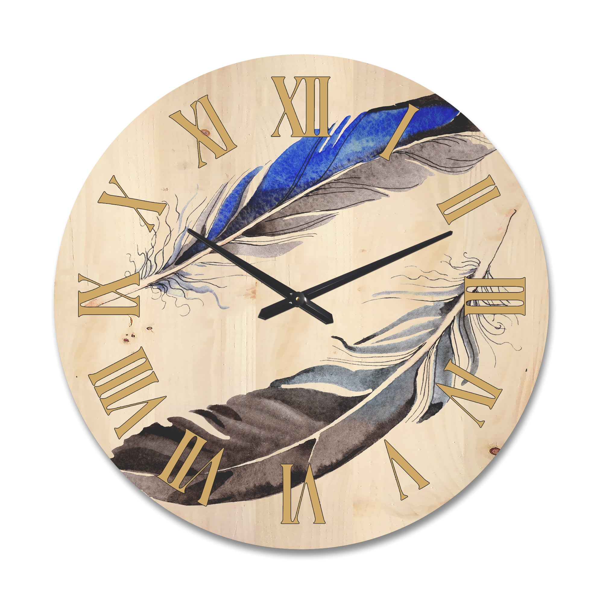 Designart 'Colourful Boho Art Feathers III' Bohemian & Eclectic Wood Wall Clock
