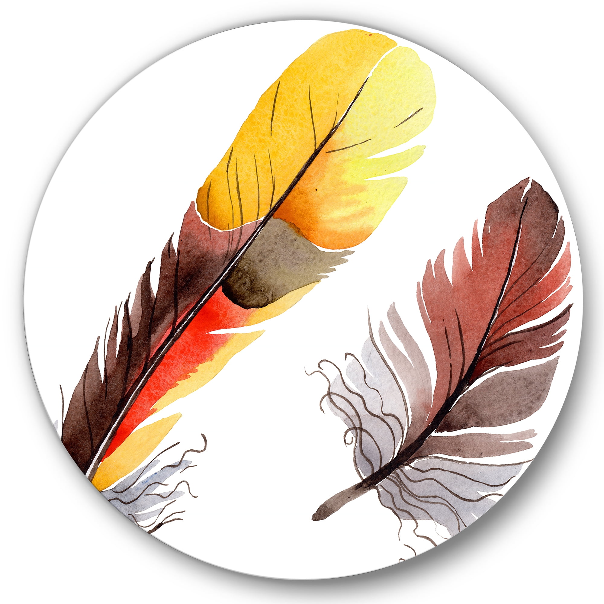 Designart 'Colourful Boho Art Feathers IV' Bohemian & Eclectic Circle Metal Wall Art 11x11 - Disc of 11