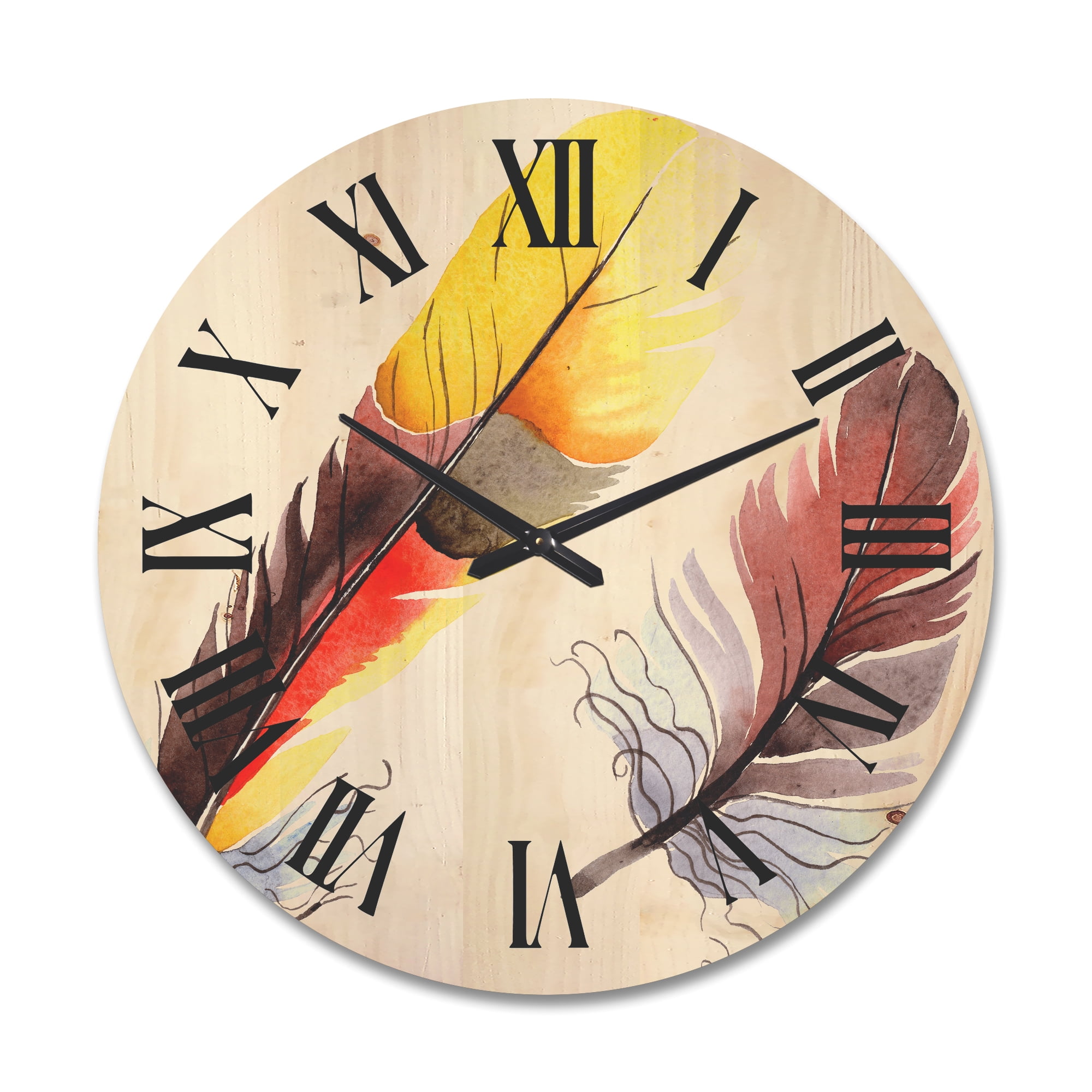 Designart 'Colourful Boho Art Feathers IV' Bohemian & Eclectic Wood Wall Clock