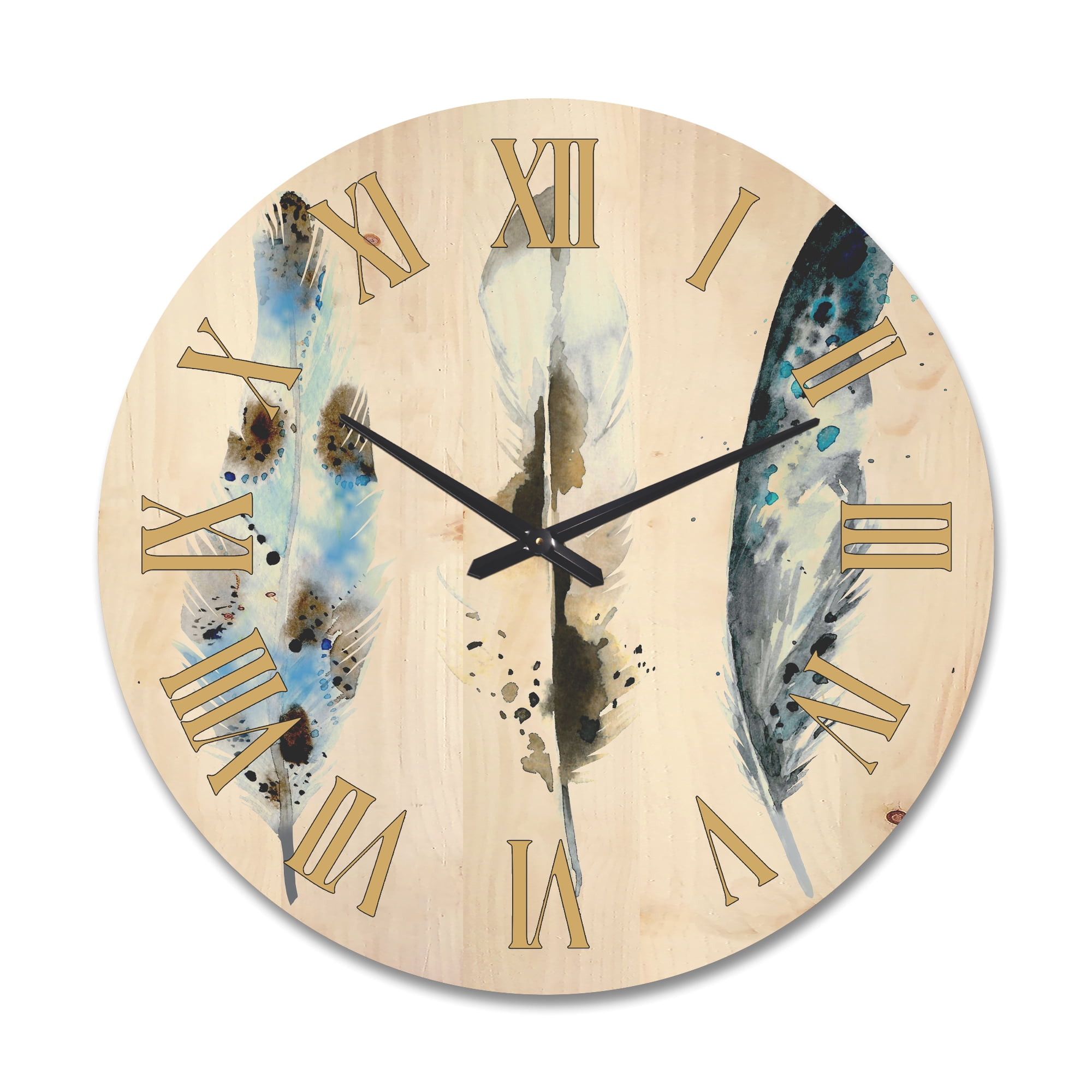 Designart 'Colourful Boho Art Feathers V' Bohemian & Eclectic Wood Wall Clock