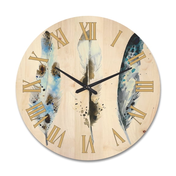 Designart 'Colourful Boho Art Feathers V' Bohemian & Eclectic Wood Wall Clock