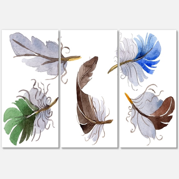 Designart ' Colourful Boho Feather Set On White IV ' Bohemian & Eclectic Canvas Wall Art Print