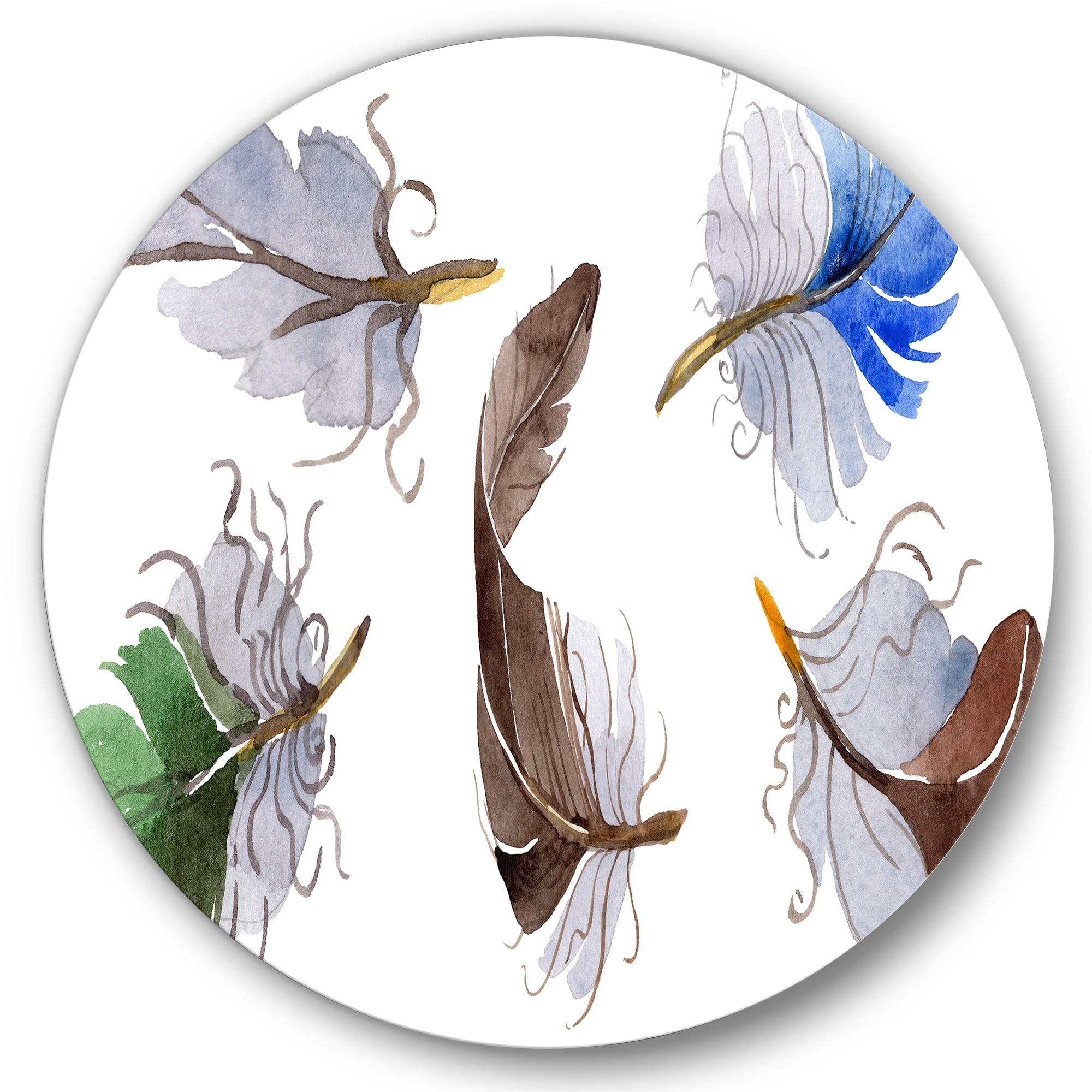 Designart 'Colourful Boho Feather Set On White IV' Bohemian & Eclectic Circle Metal Wall Art 11x11 - Disc of 11