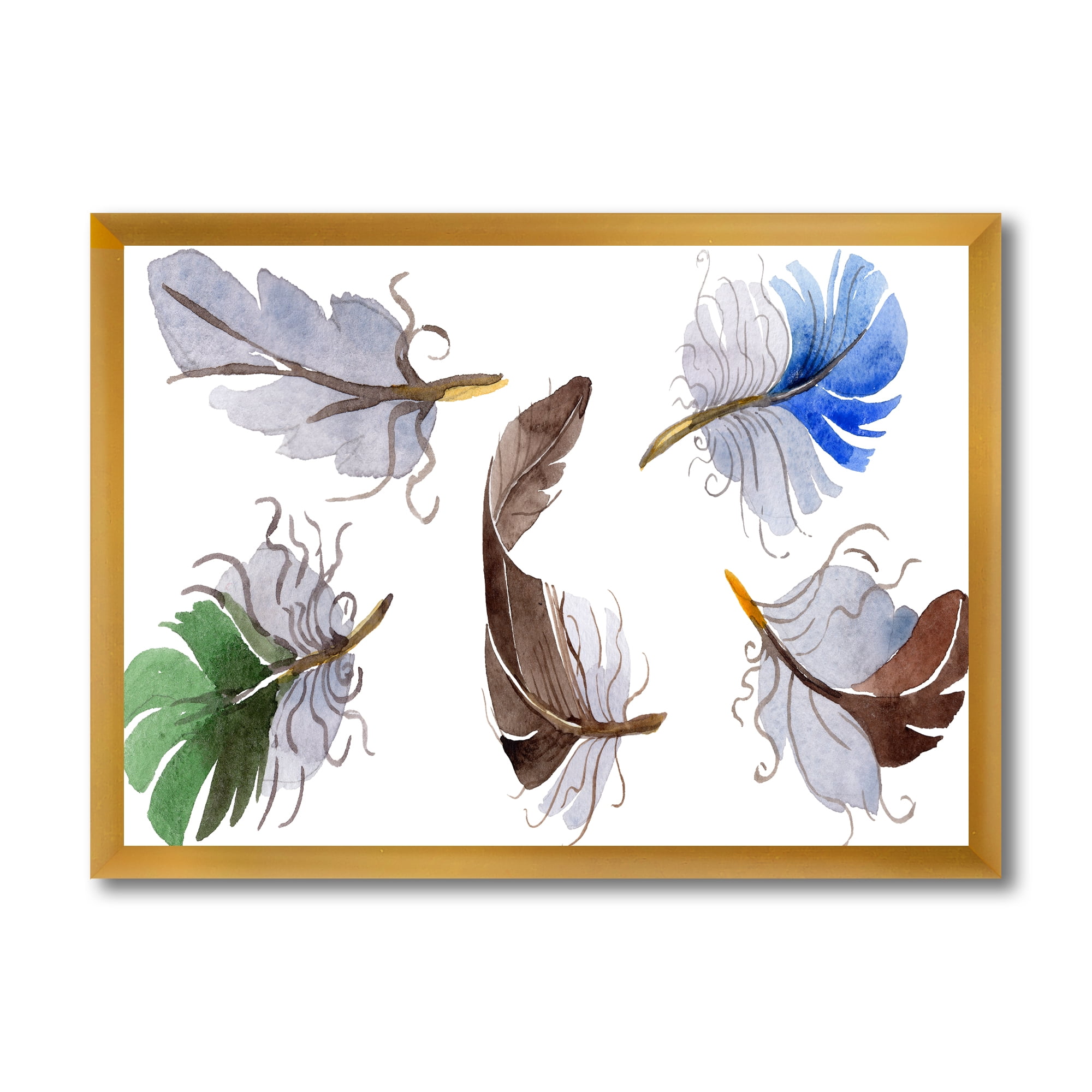 Designart 'Colourful Boho Feather Set On White IV' Bohemian & Eclectic Framed Art Print