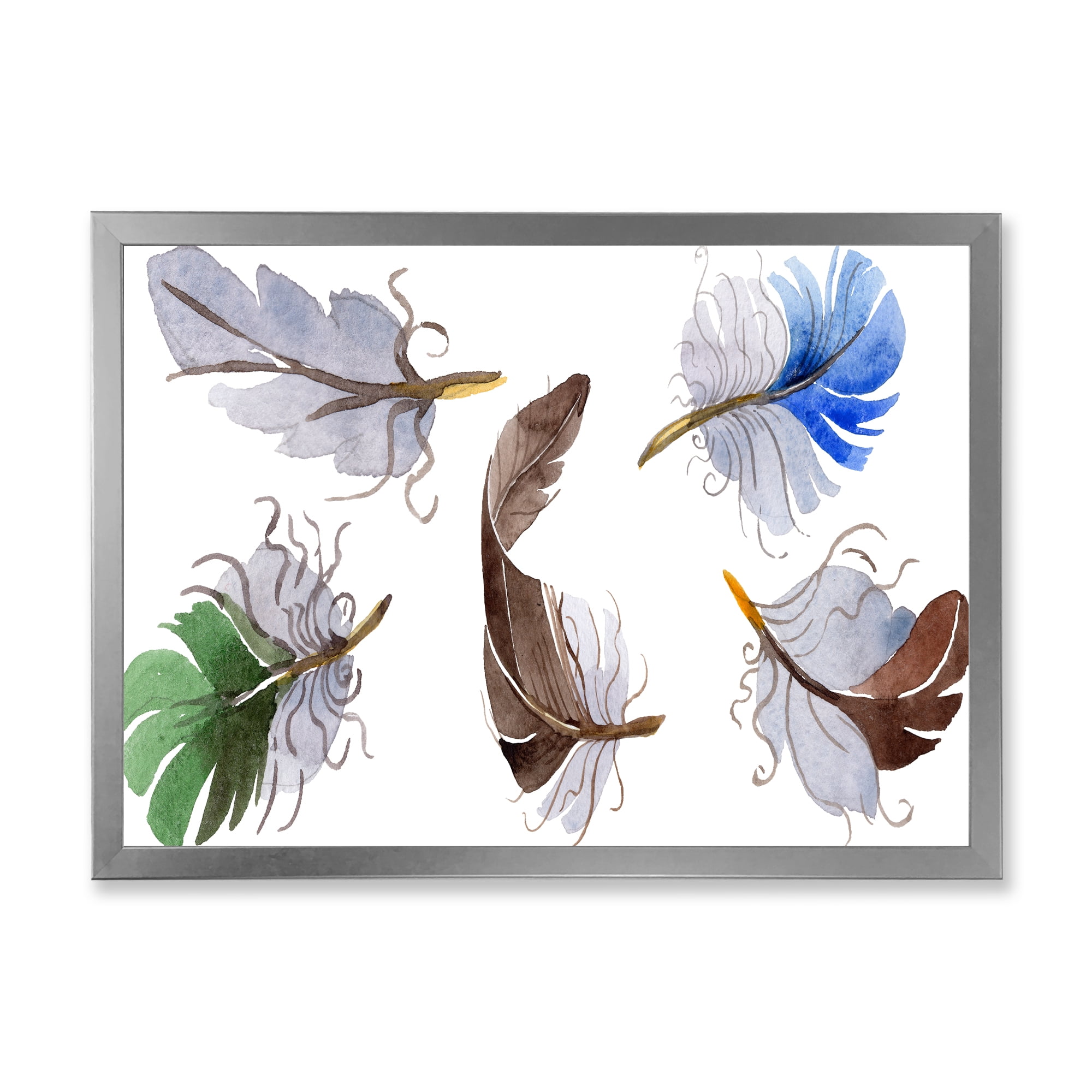 Designart 'Colourful Boho Feather Set On White IV' Bohemian & Eclectic Framed Art Print