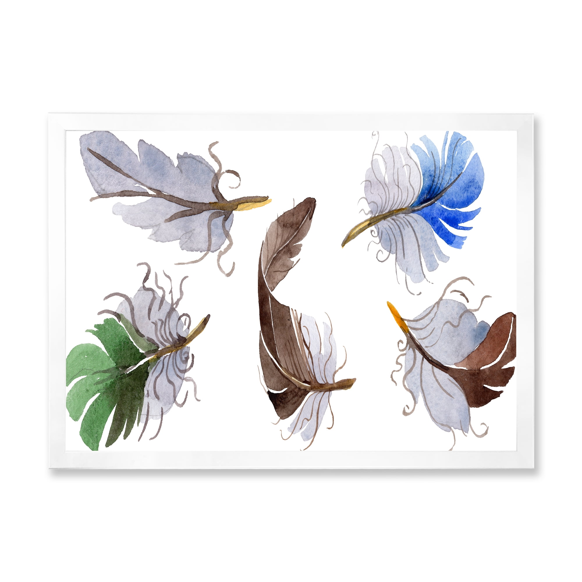 Designart 'Colourful Boho Feather Set On White IV' Bohemian & Eclectic Framed Art Print