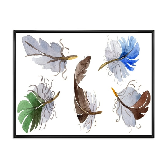Designart 'Colourful Boho Feather Set On White IV' Bohemian & Eclectic Framed Canvas Wall Art Print