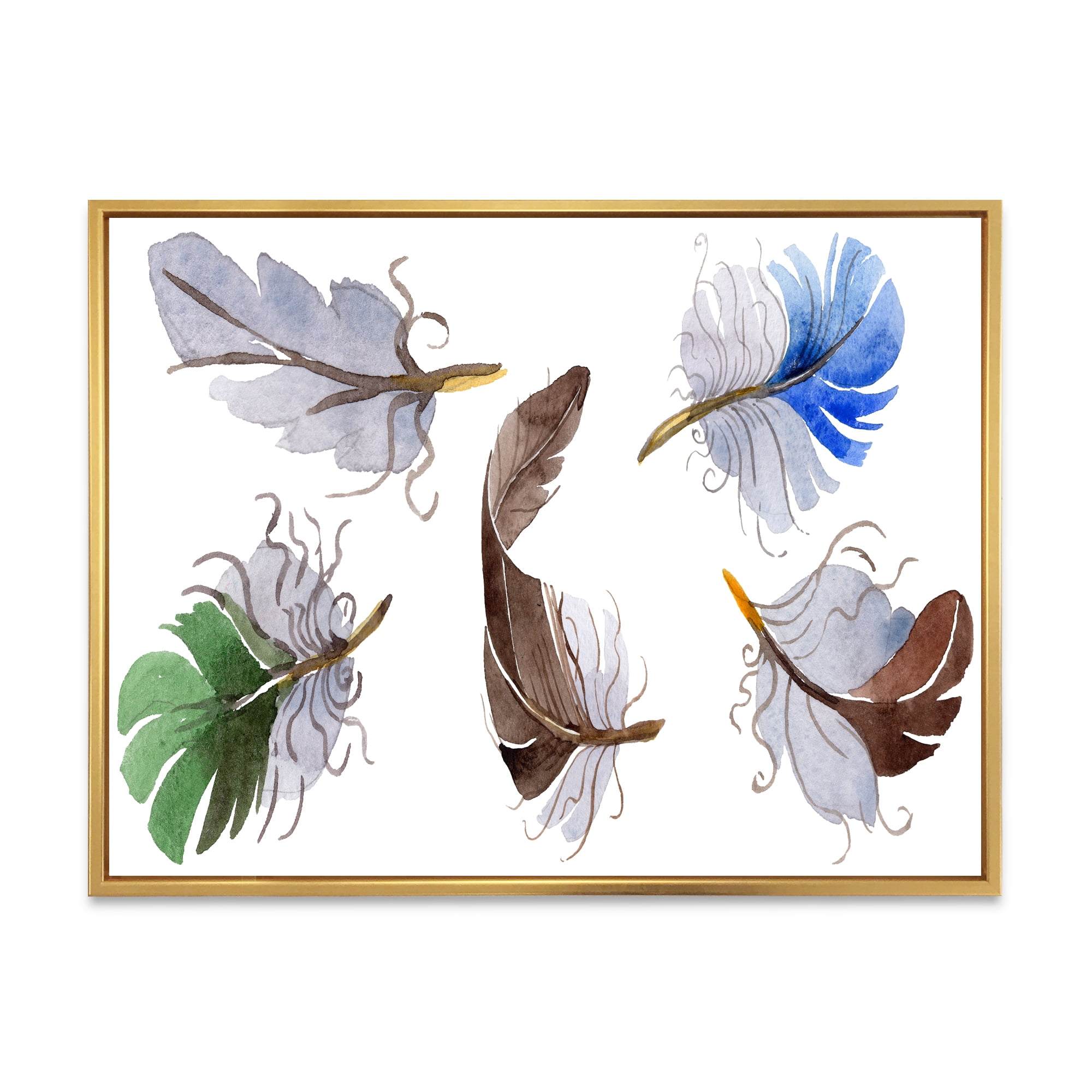 Designart 'Colourful Boho Feather Set On White IV' Bohemian & Eclectic Framed Canvas Wall Art Print
