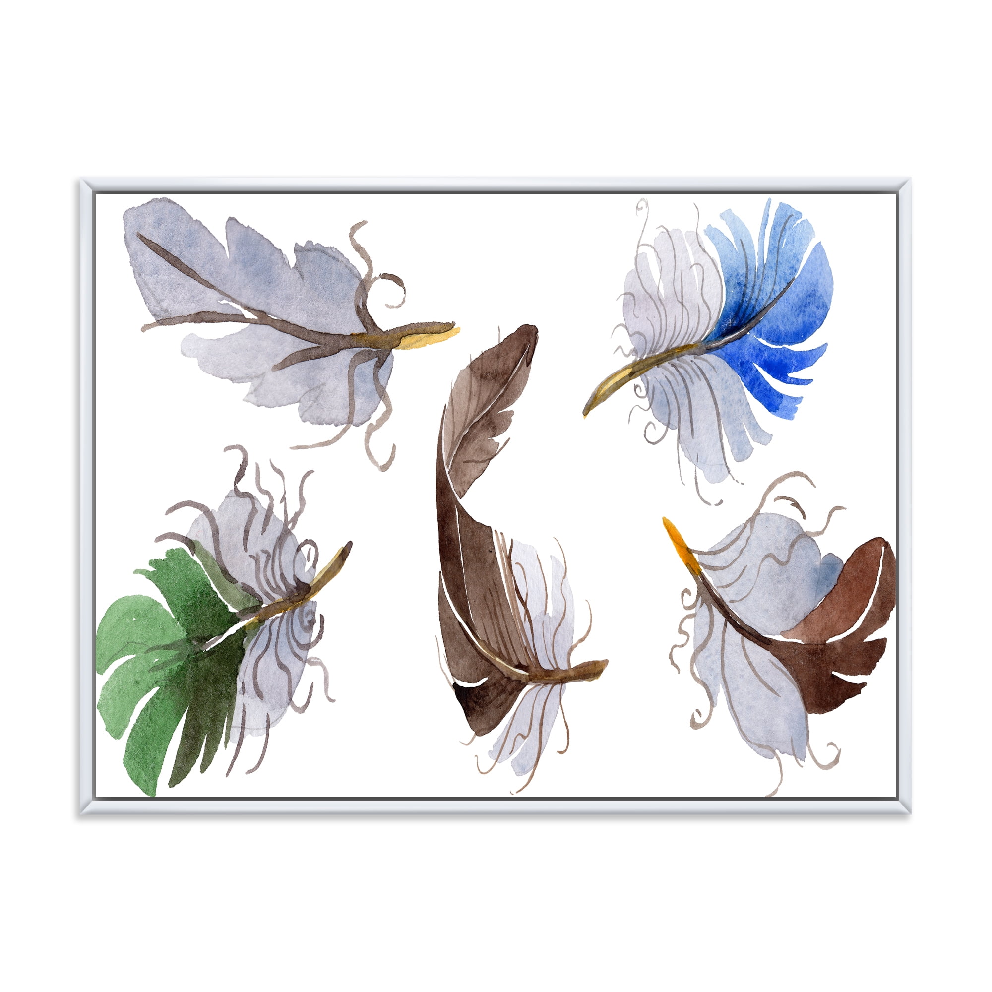 Designart 'Colourful Boho Feather Set On White IV' Bohemian & Eclectic Framed Canvas Wall Art Print