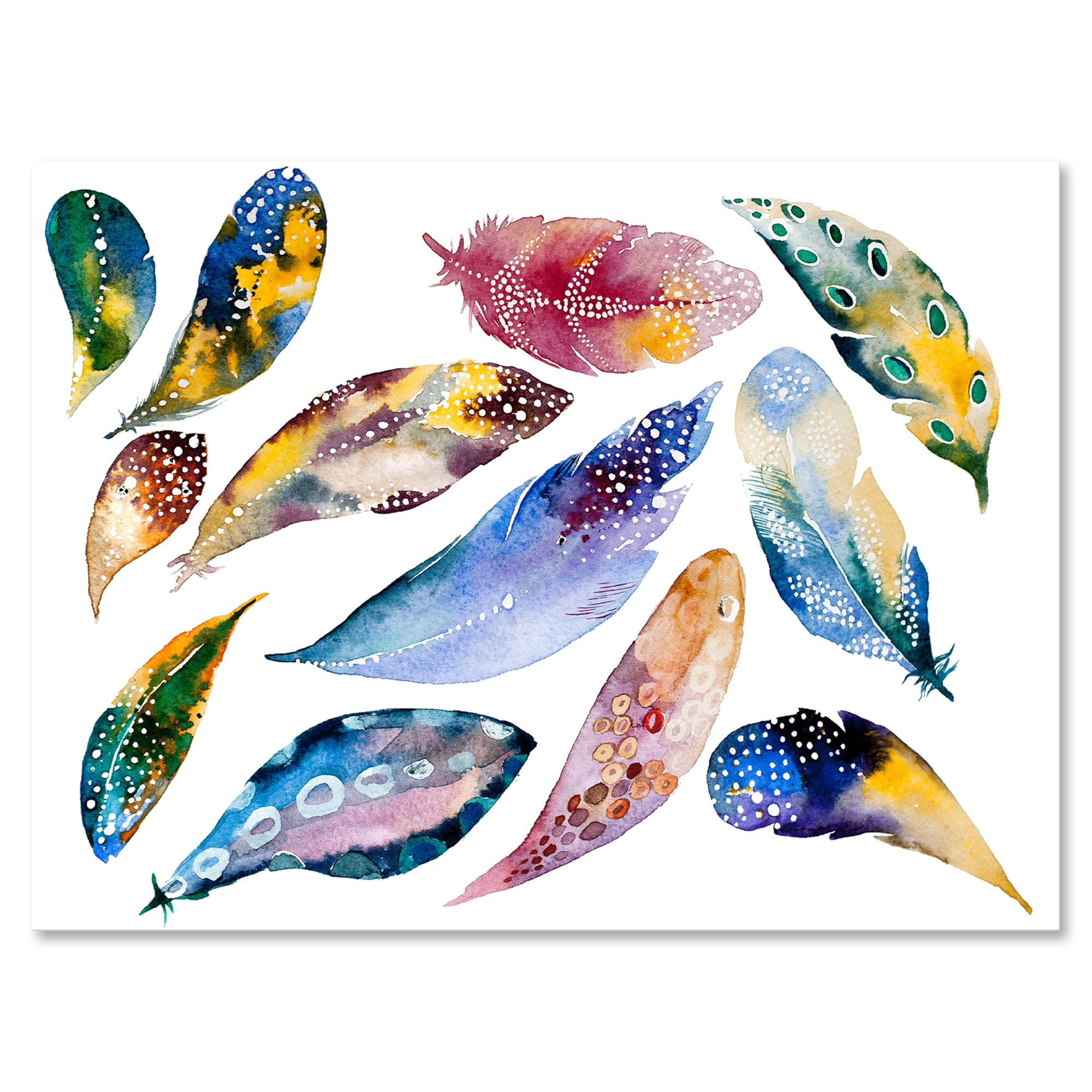 Designart ' Colourful Boho Feather Set On White VI ' Bohemian & Eclectic Canvas Wall Art Print