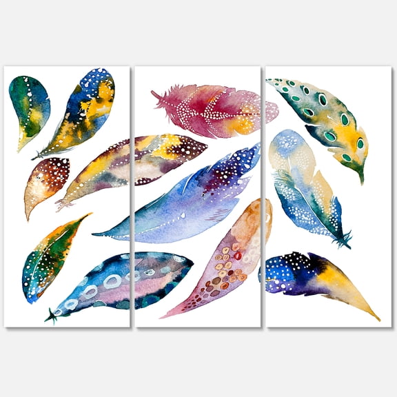 Designart ' Colourful Boho Feather Set On White VI ' Bohemian & Eclectic Canvas Wall Art Print