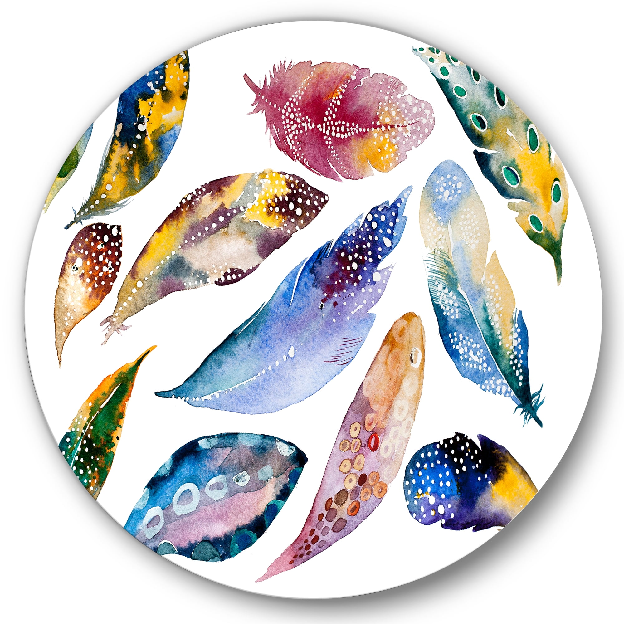 Designart 'Colourful Boho Feather Set On White VI' Bohemian & Eclectic Circle Metal Wall Art 29x29 - Disc of 29