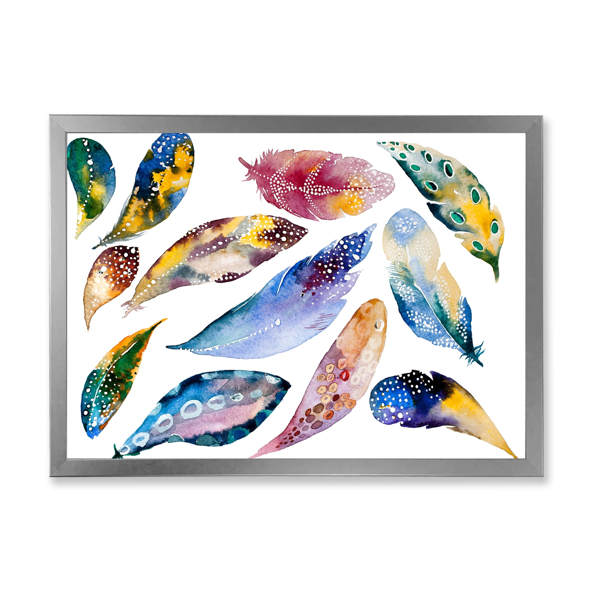 Designart 'Colourful Boho Feather Set On White VI' Bohemian & Eclectic Framed Art Print