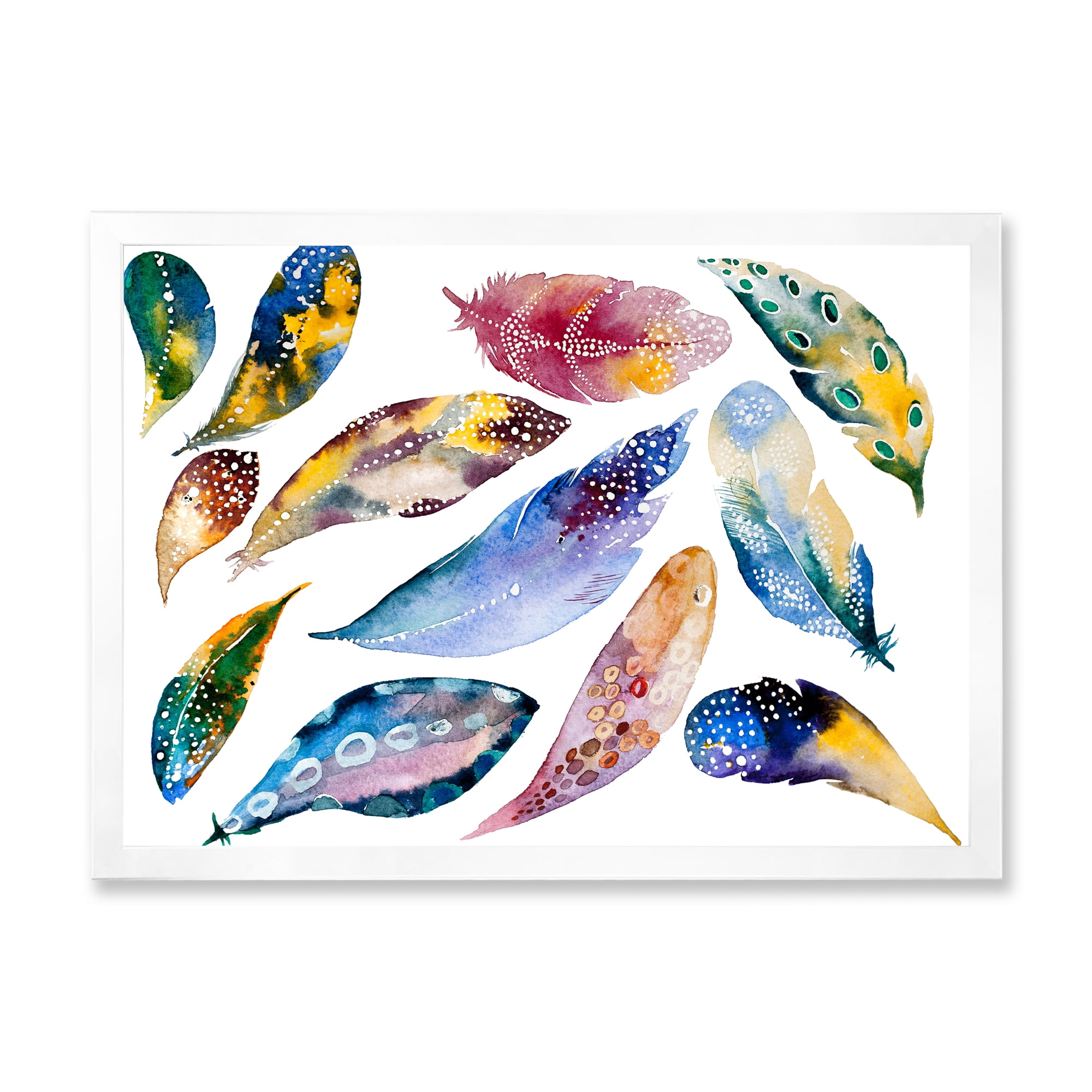 Designart 'Colourful Boho Feather Set On White VI' Bohemian & Eclectic Framed Art Print