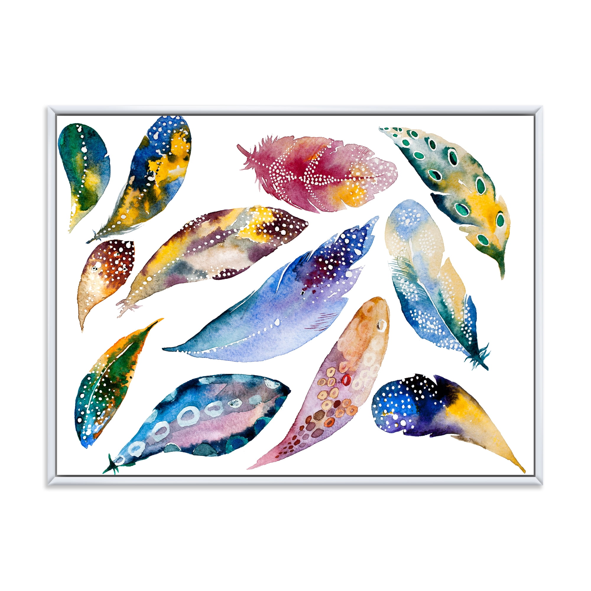Designart 'Colourful Boho Feather Set On White VI' Bohemian & Eclectic Framed Canvas Wall Art Print