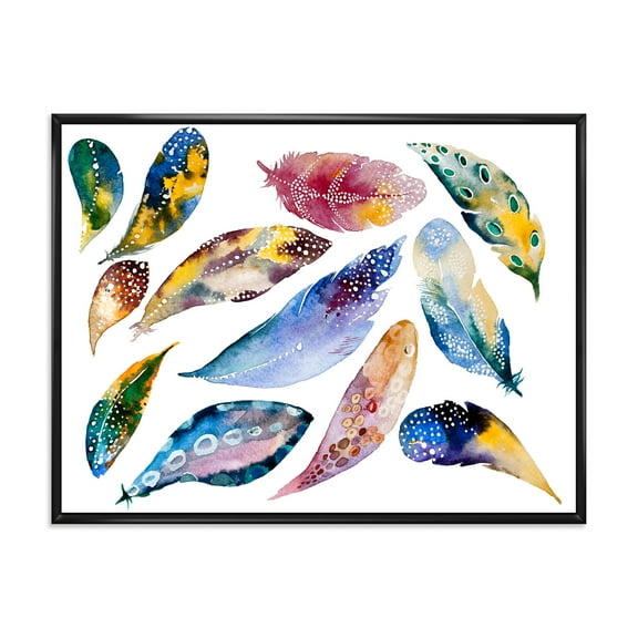 Designart 'Colourful Boho Feather Set On White VI' Bohemian & Eclectic Framed Canvas Wall Art Print