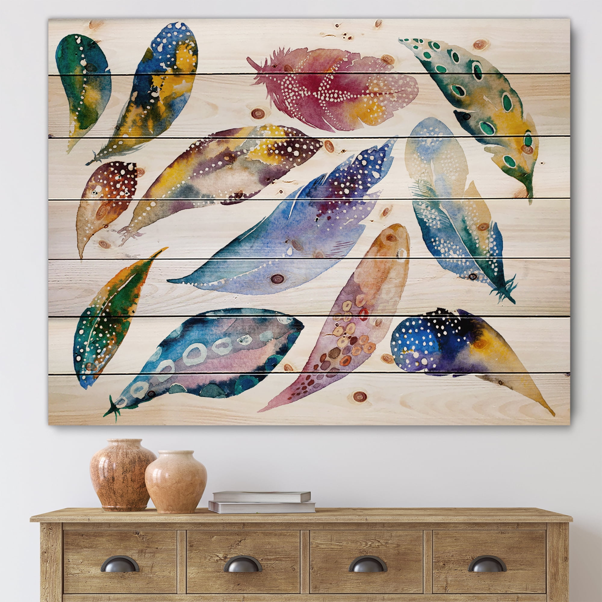 Designart 'Colourful Boho Feather Set On White VI' Bohemian & Eclectic Print on Natural Pine Wood