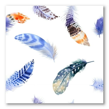 Designart ' Colourful Boho Feather Set On White VII ' Bohemian & Eclectic Canvas Wall Art Print