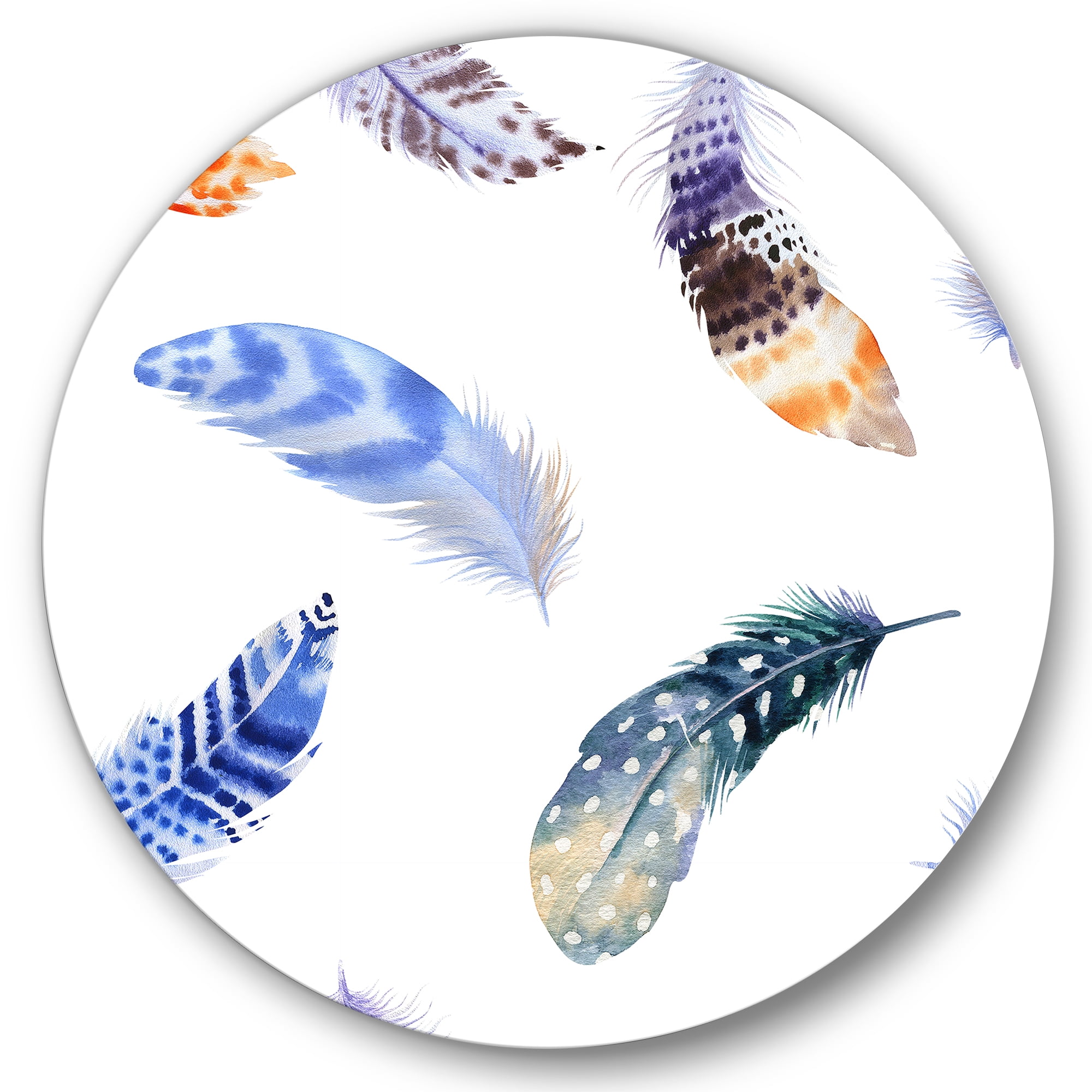 Designart 'Colourful Boho Feather Set On White VII' Bohemian & Eclectic Circle Metal Wall Art 11x11 - Disc of 11
