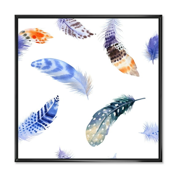 Designart 'Colourful Boho Feather Set On White VII' Bohemian & Eclectic Framed Canvas Wall Art Print